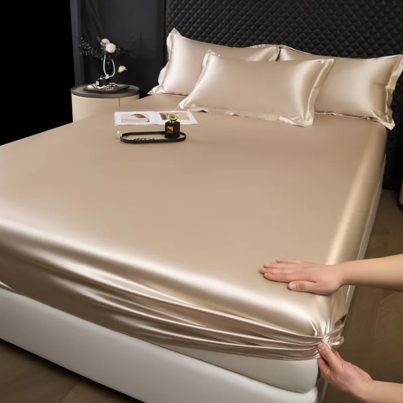 3 Pcs Bed Sheet Set with Pillowcase Luxury Solid Color Silk Fitted Sheet Soft
