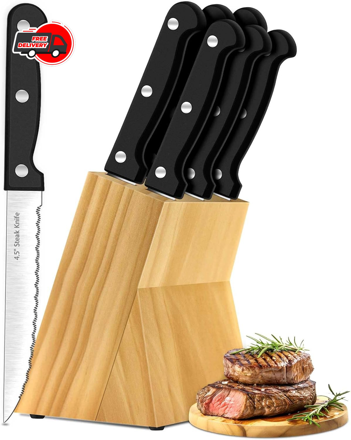 Steak Knives, 7 Pieces Steak Knife Set with Block, High Carbon Stainless Stee...