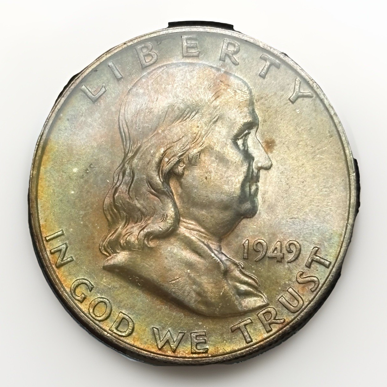 1949-D Franklin Half Dollar Pastel Rainbow Toning - Gem BU / UNC - Original Skin