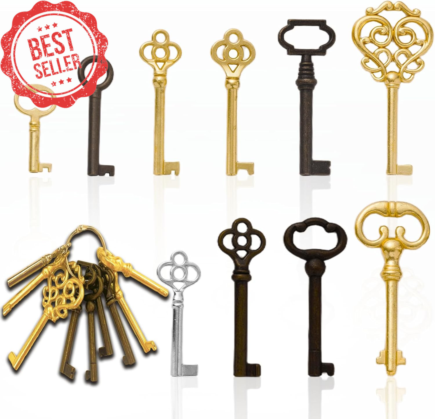 10-Key Skeleton Key Set Universal Replacement for Vintage Furniture Cabinet Door