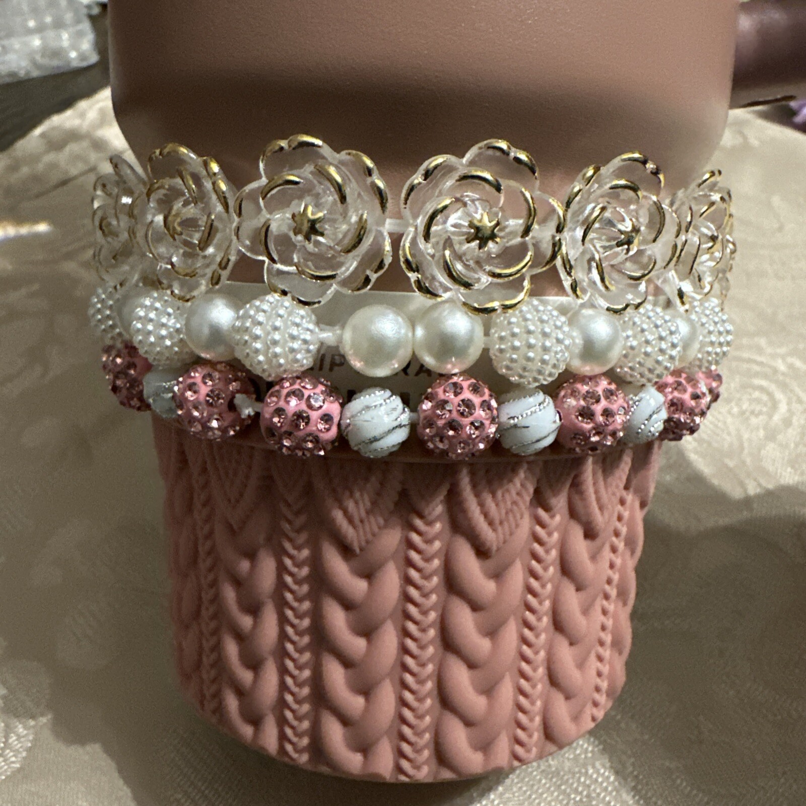 Stanley tumbler accessories White pearl and Pink Beads Bracelets -set of 3