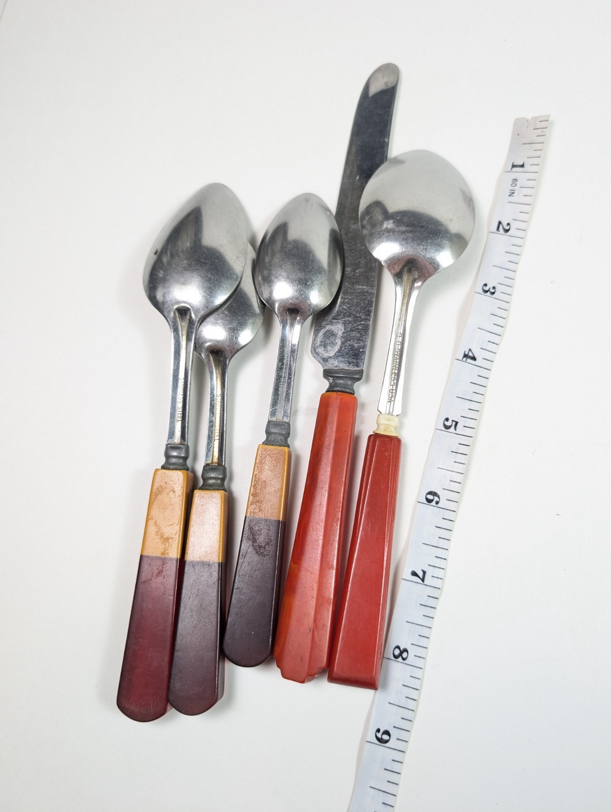 Red Bakelite Flatware Set Two Tone Cherry Red Amber 5 Piece Spoon Knife