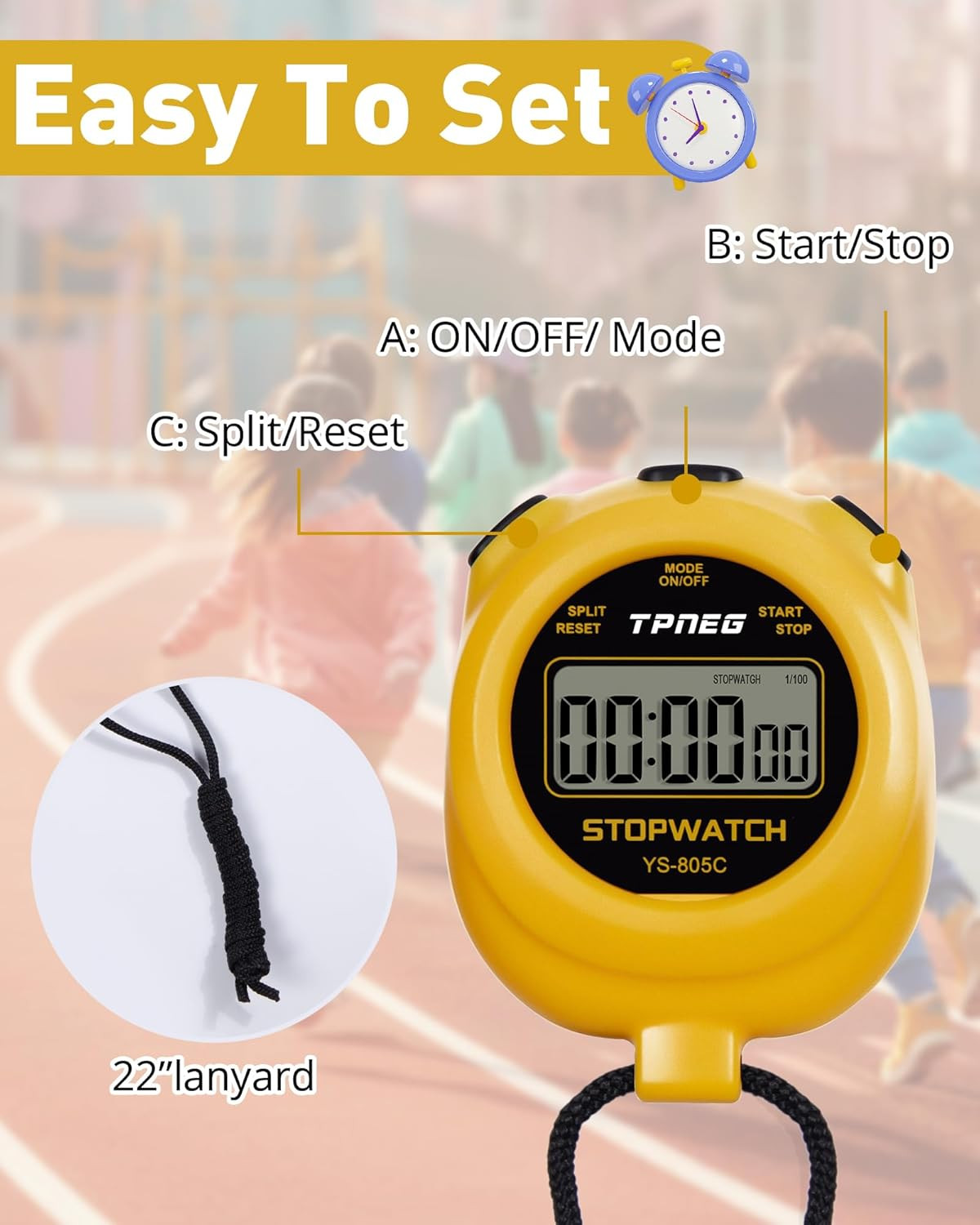 Simple Stopwatch Timer - Easy to Use, Set Up, Read, and Carry - Large Display -