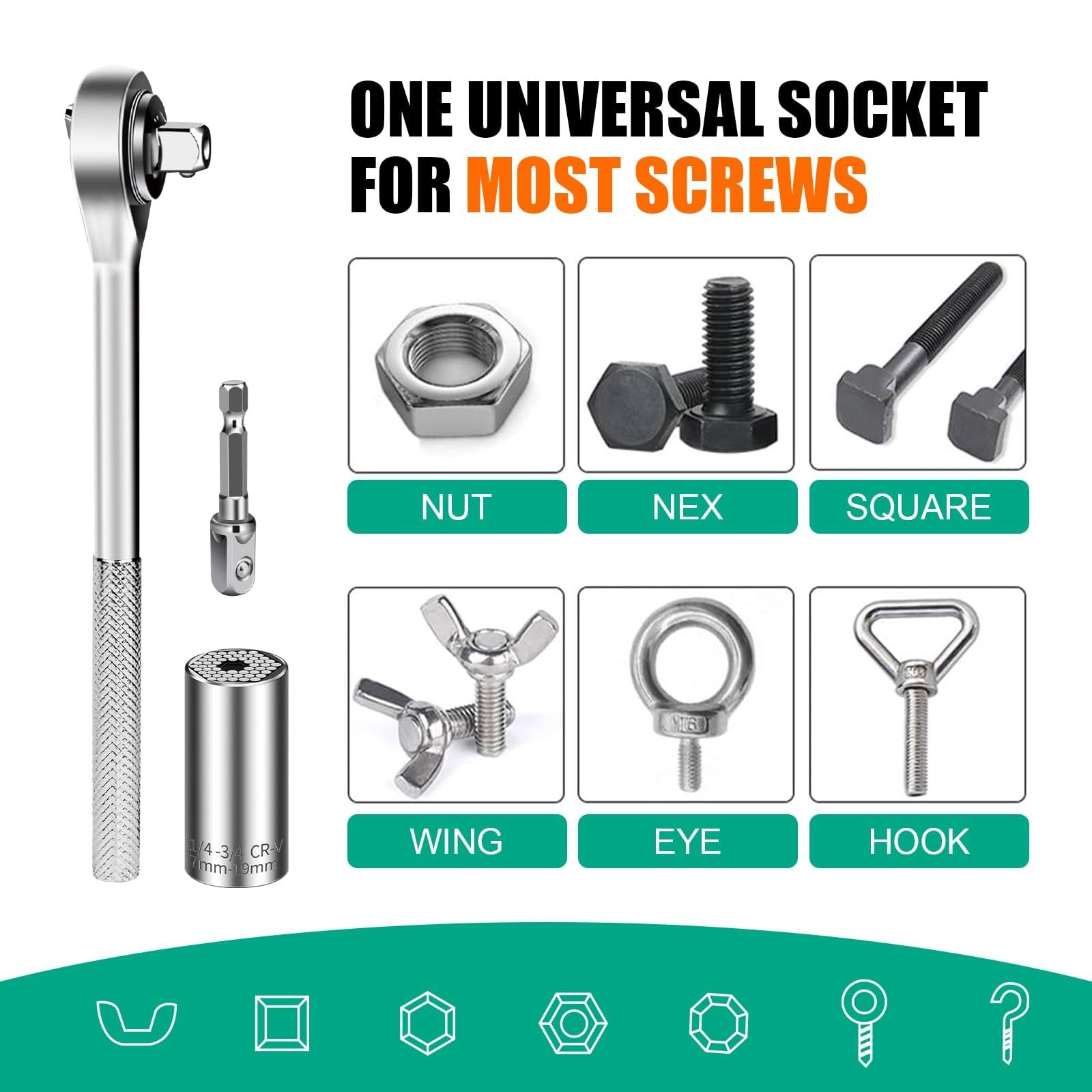 Prowin 3pcs Universal Socket Wrench Ratchet Useful Tool Sets 3PACK, Silver