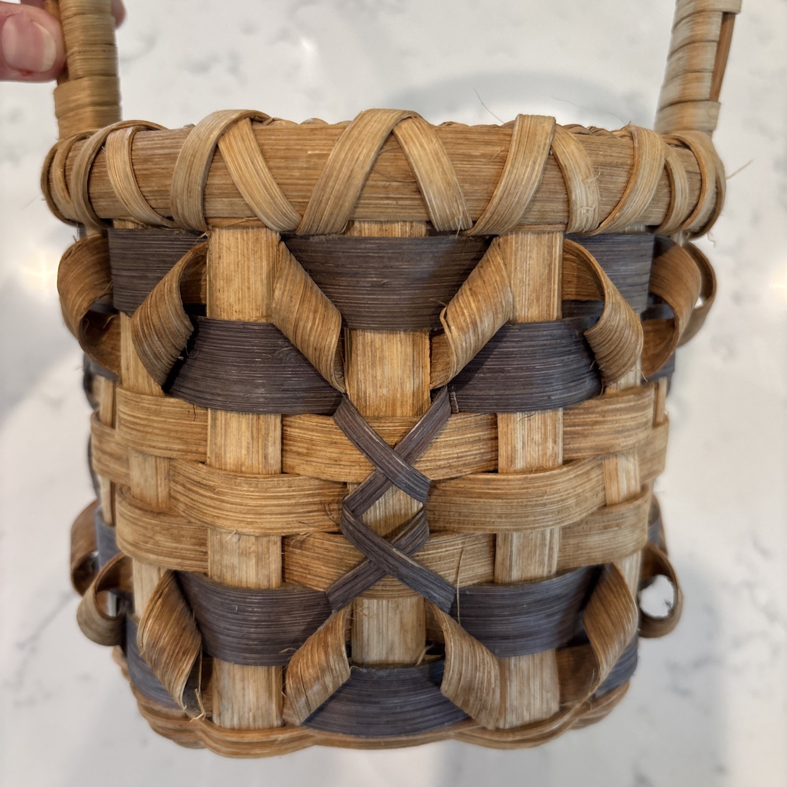 Vintage Split Oak Basket 2 Tone Braided Handle Twisted Woven Pattern Signed Date
