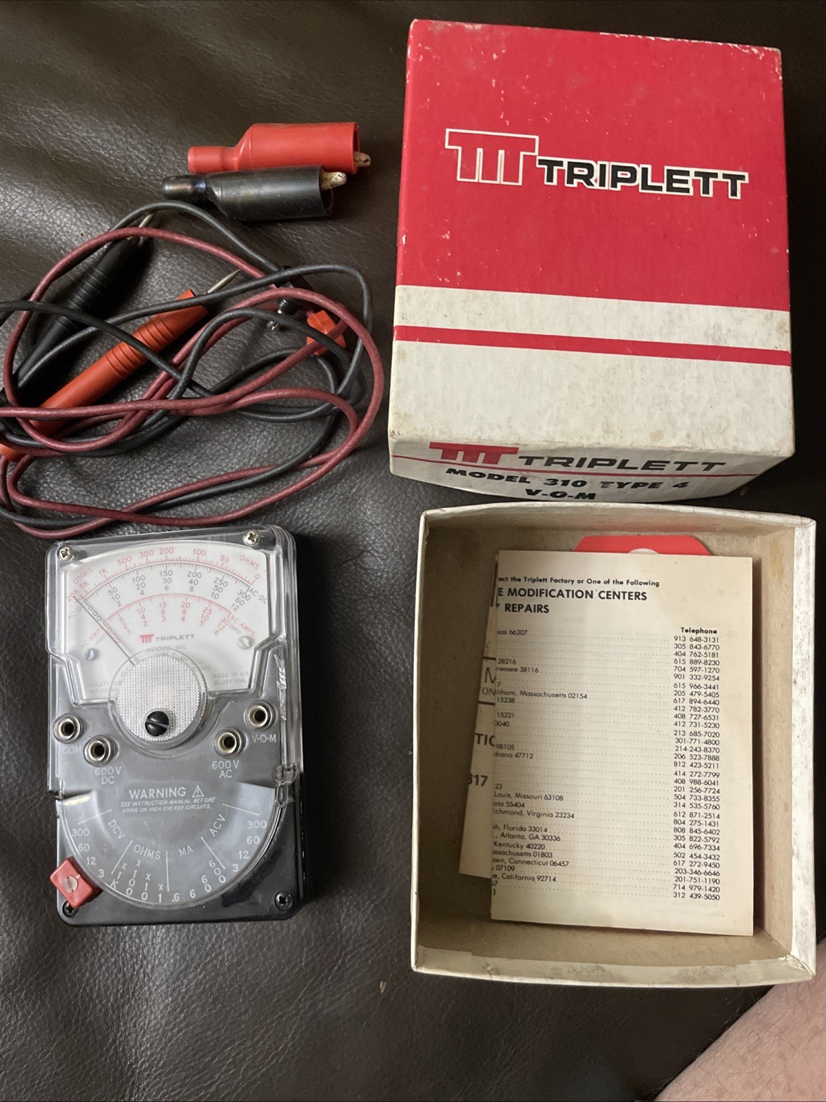Triplett Model 310 Type 4 Volt Ohm Meter with Box, Probes, Warrenty Card
