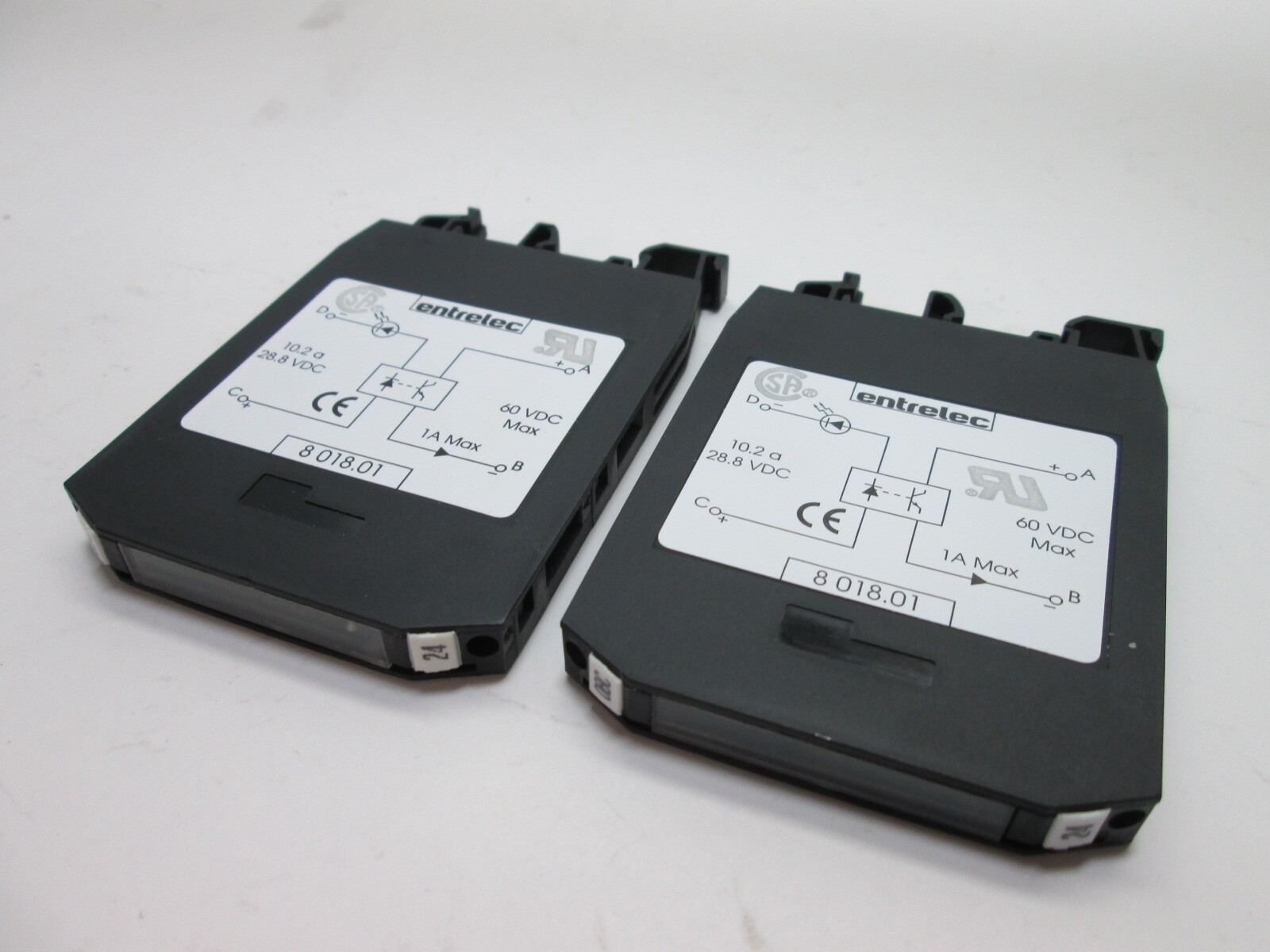 Lot of 2 Entrelec 8018.01 Optocoupler Modules, In: 28.8VDC 10.2A, Out: 60VDC 1A