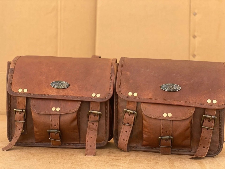 Volume Leather Motorcycle Goat Bag two Brown Retro Saddlebag