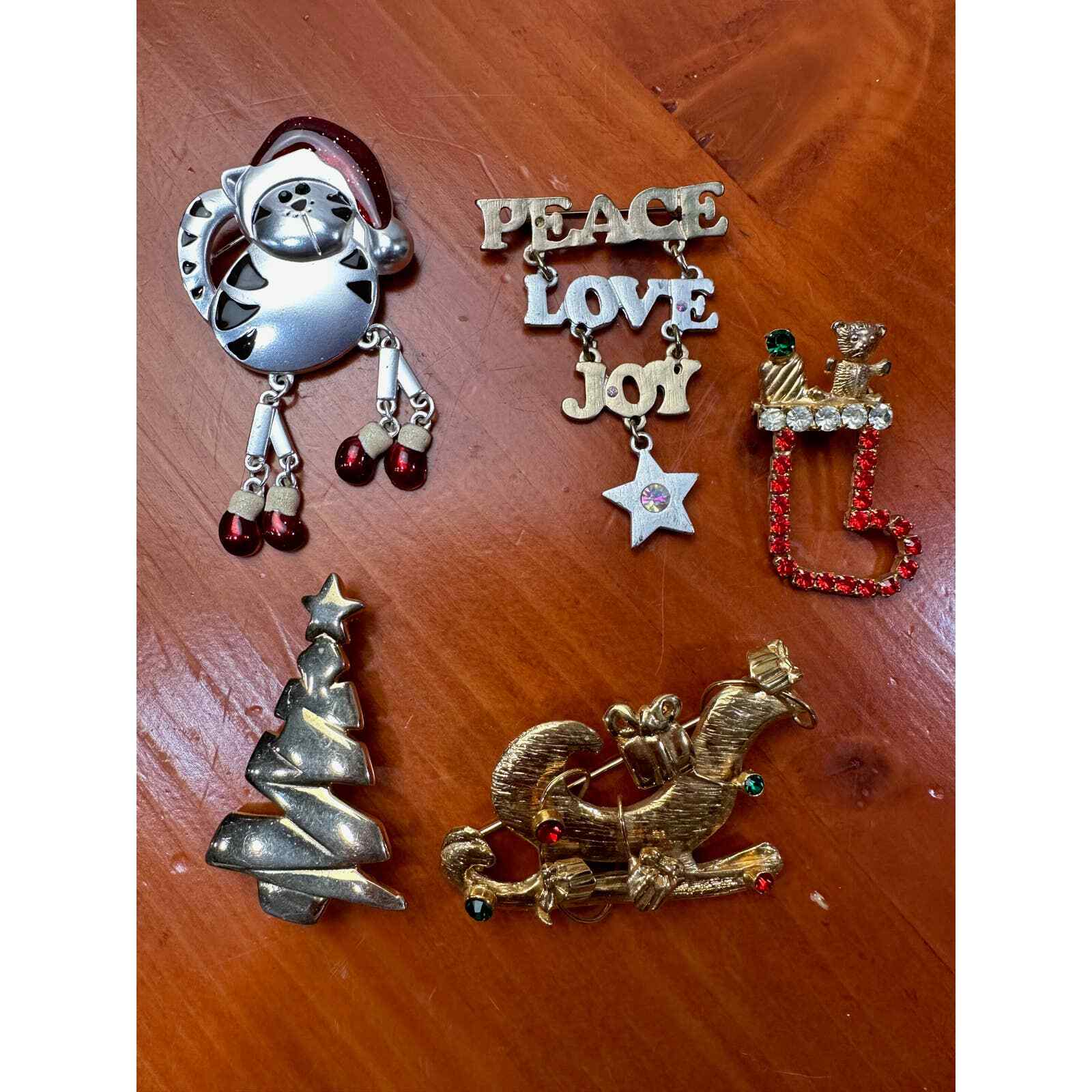 Five Golden/Silver Christmas Pins - with Rhinestones