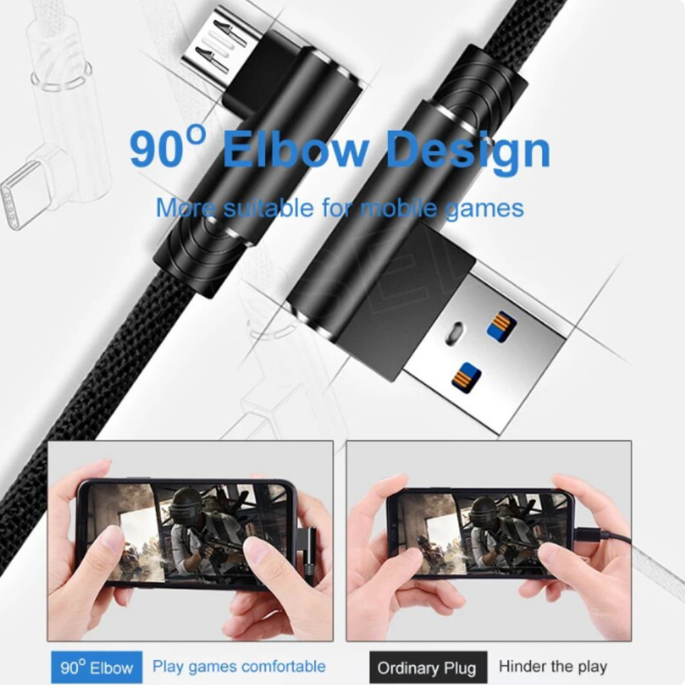 Double 90 Degree Right Angle Micro USB Charge Data Nylon Braided Cable 3/6/10FT