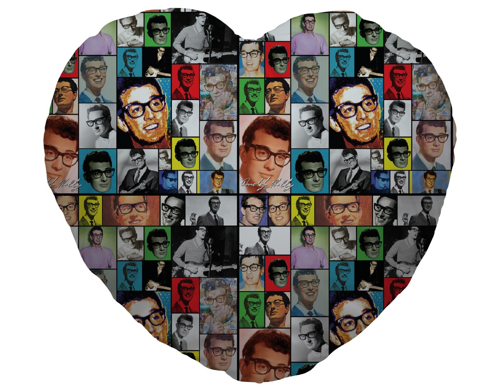 Colour Buddy Holly Fan Montage Design Heart Shaped Cushion Valentines Day