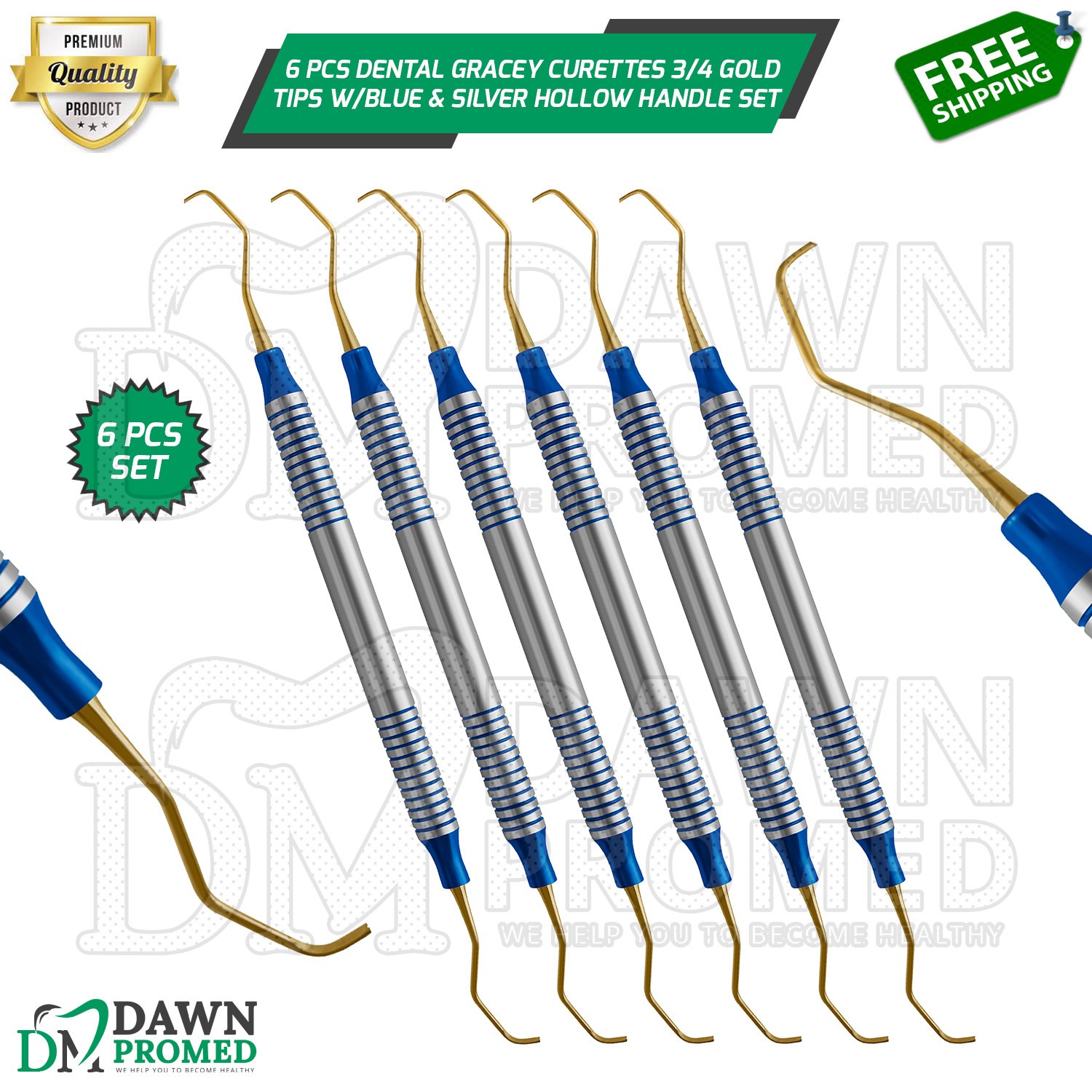 6 Pcs Dental Gracey Curettes 3/4 Gold Coated Tip Blue & Silver Hollow Handle Set