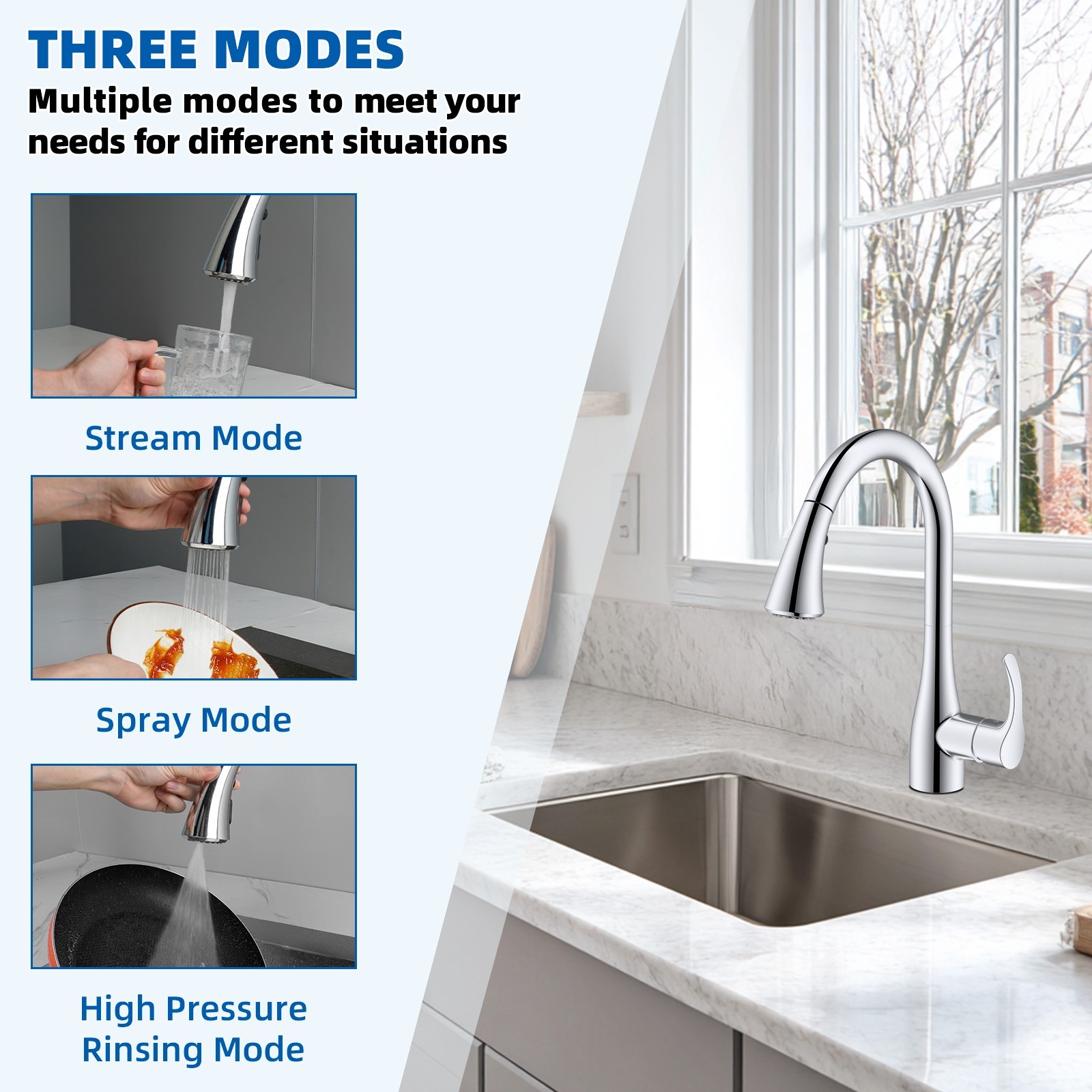 Curved Pull Down Kitchen Faucet Head Replacement 3-Function Kitchen Sink Spray