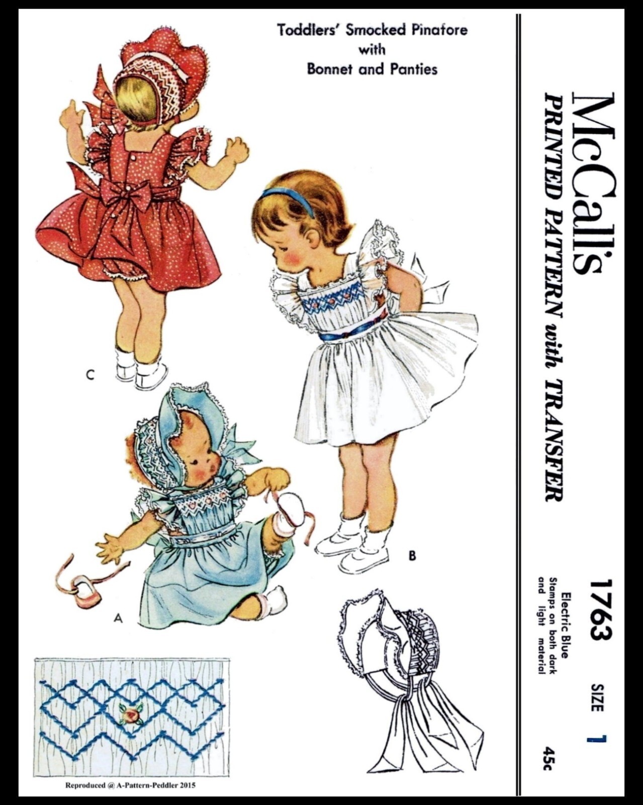 Smocked Bonnet & Dress Pattern McCall's 1763 Frock Girls Toddler