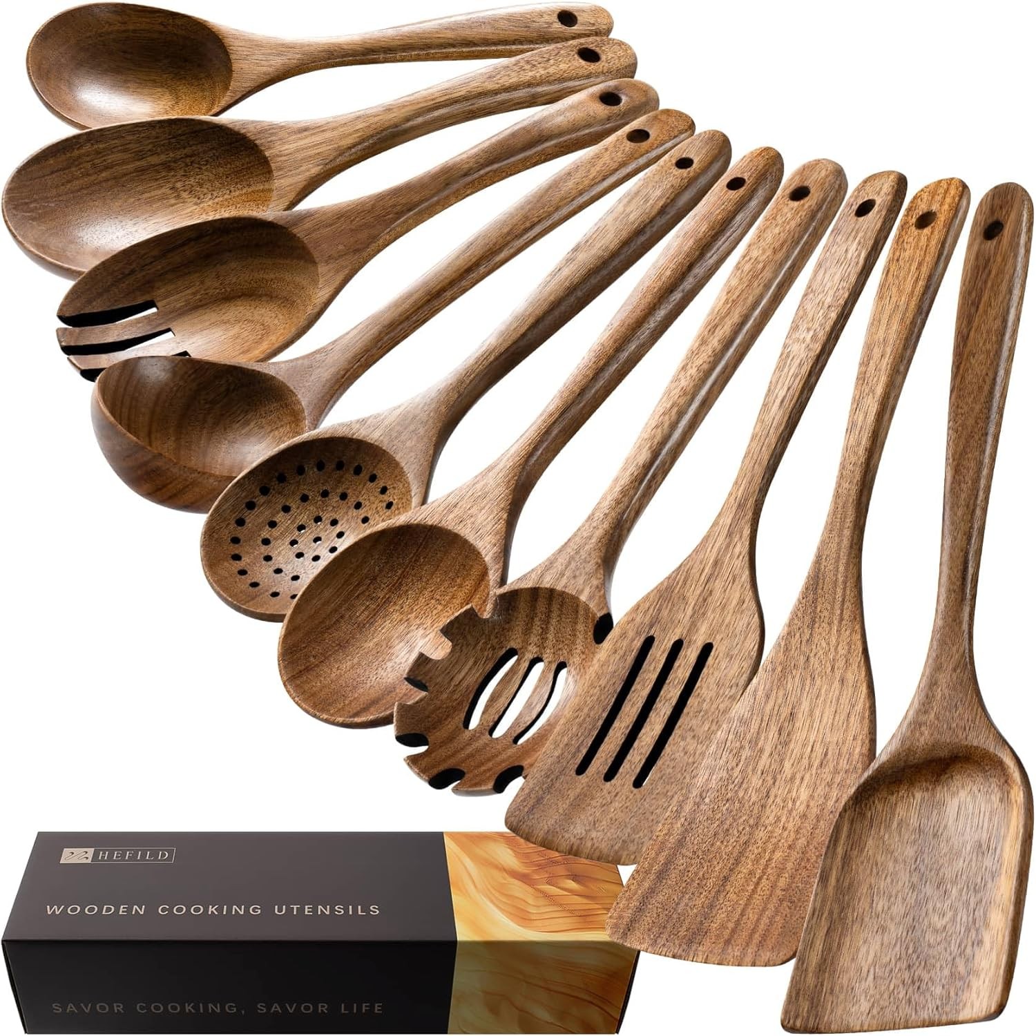 Wooden Utensils Set Cooking Spoons Spatulas Kitchen Utensil Nonstick 10pcs