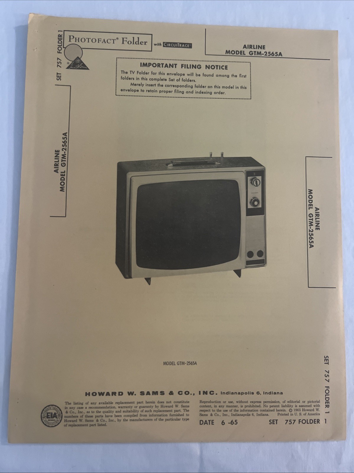 Vintage Sams Photofact Schematic 6-1965 AIRLINE MODEL GTM - 2565A