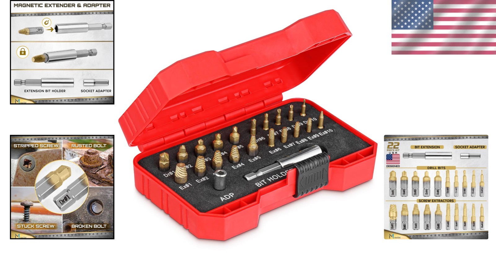 Titanium Screw Extractor Set for Stripped, Broken, Damaged Screws - 22 pc, Si...
