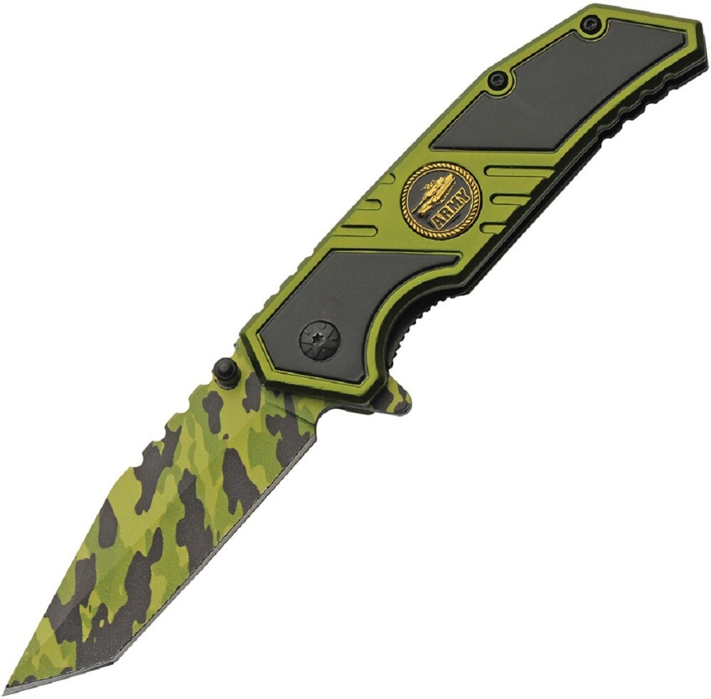 ARMY Assisted Opening Camo Tanto Blade Knife - Black & Green - NEW