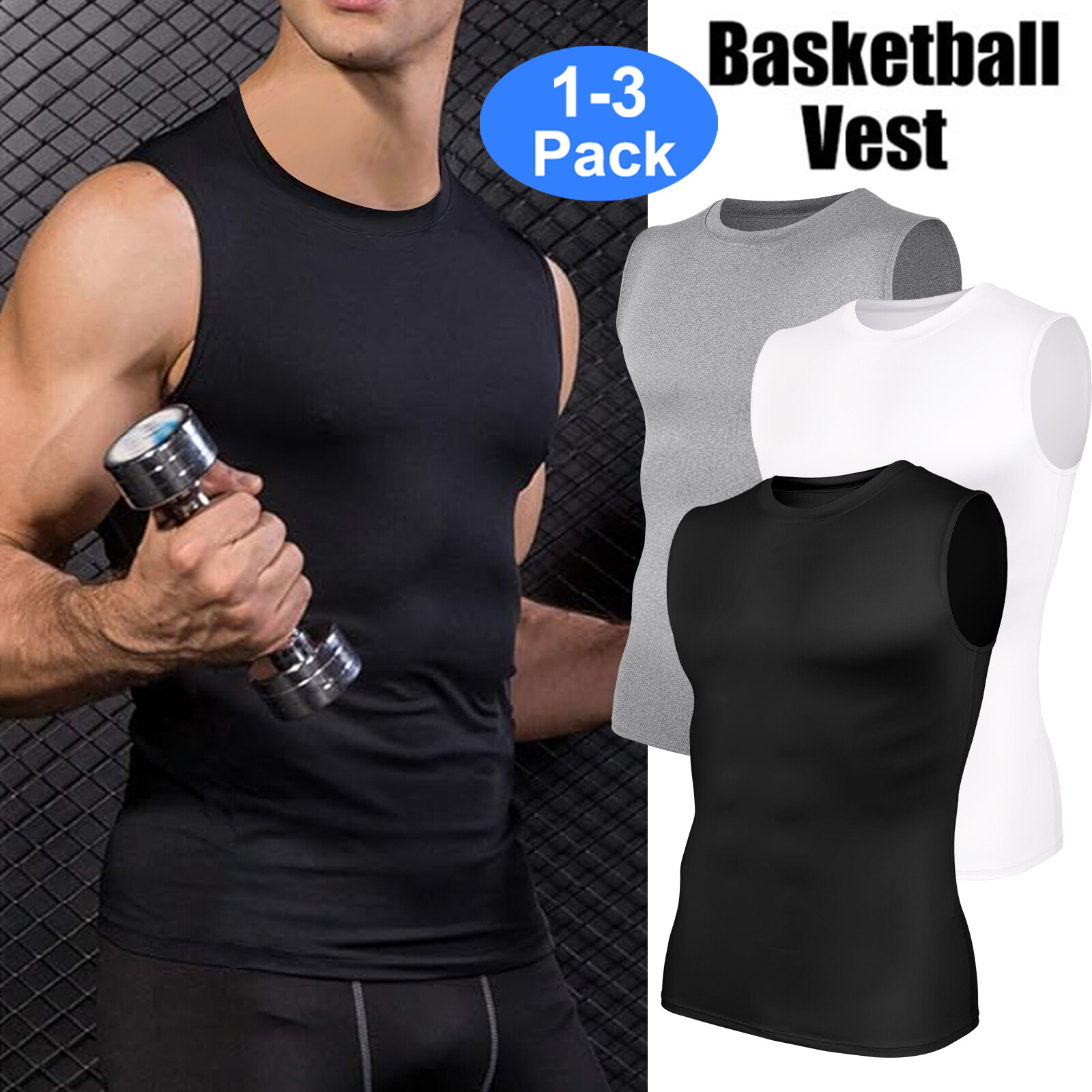 1-3 Pack Mens Slimming Activewear Compression Vest T-Shirt Quick Dry Tank Tops
