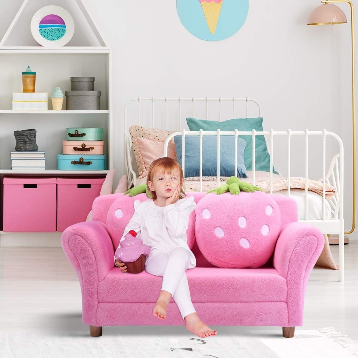 Costzon Kids Pink Sofa Couch with 2 Strawberry Pillows – Toddler Loveseat