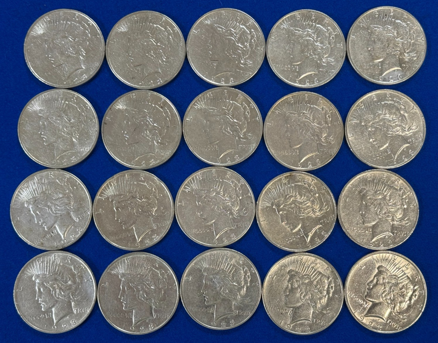 1923 D PEACE SILVER DOLLAR ROLL (20) COINS- XF/AU FREE SHIPPING. VERY NICE COINS