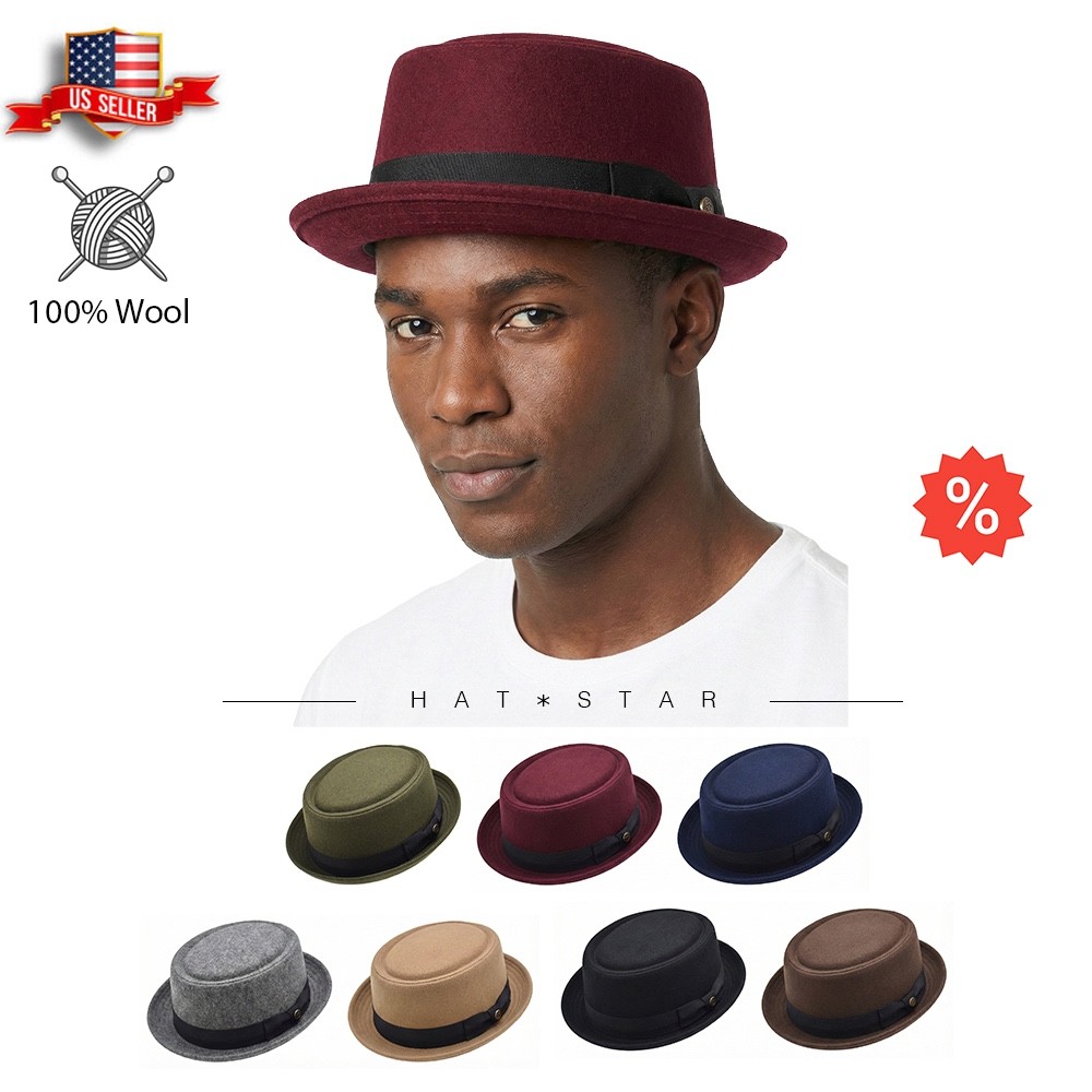 Round Shape Wool Fedora Hat w/Grosgrain Band Classic Pork Pie Stingy Brim