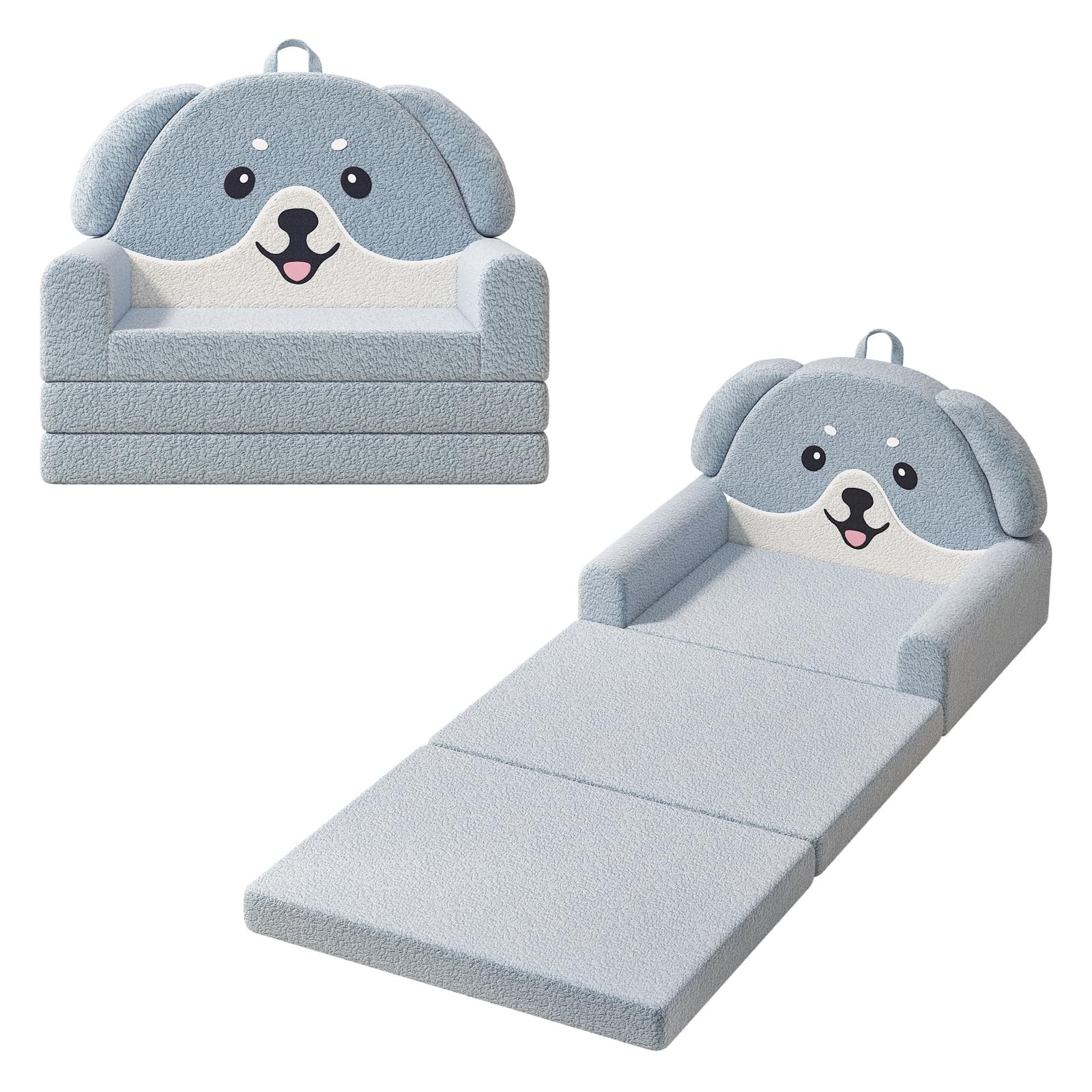 2-in-1 Kids Couch, Soft Toddler Couch Fold Out for Girl and Boys, Dog Design ...