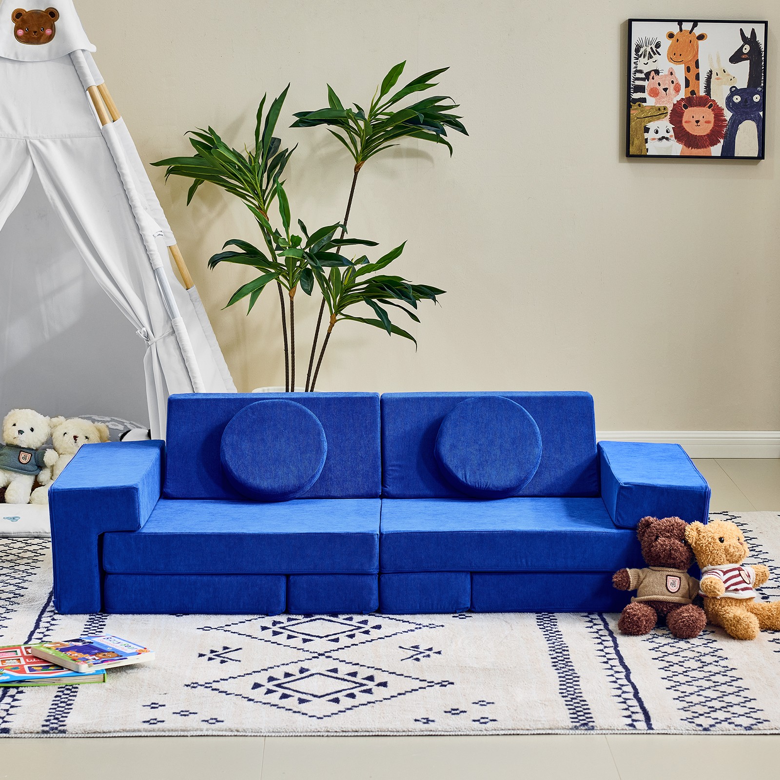 14-Piece Modular Kids Sofa, Blue Corduroy All-Sponge, Free Combination Design