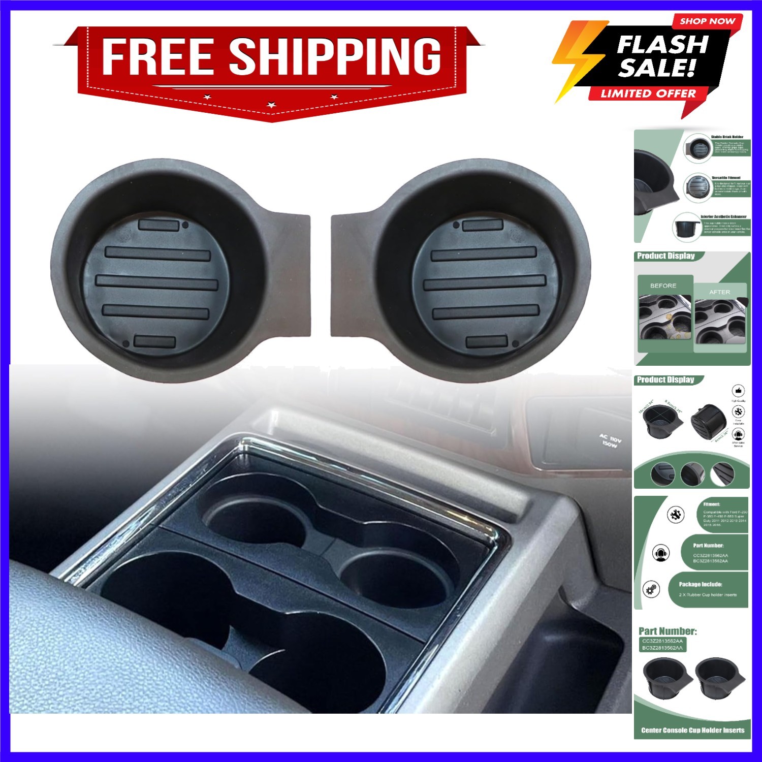 CC3ZAA Fit for Ford F250 F350 F450 F550 Super Duty 2Pcs Black Cup Holder Inserts
