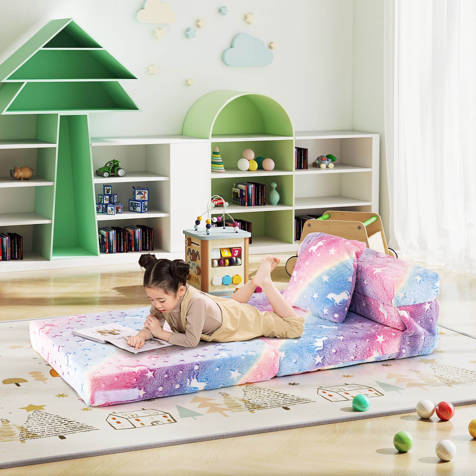 Kids Folding Sofa Bed Floor Mattress w/ Throw Pillow & Machine Washable Cover
