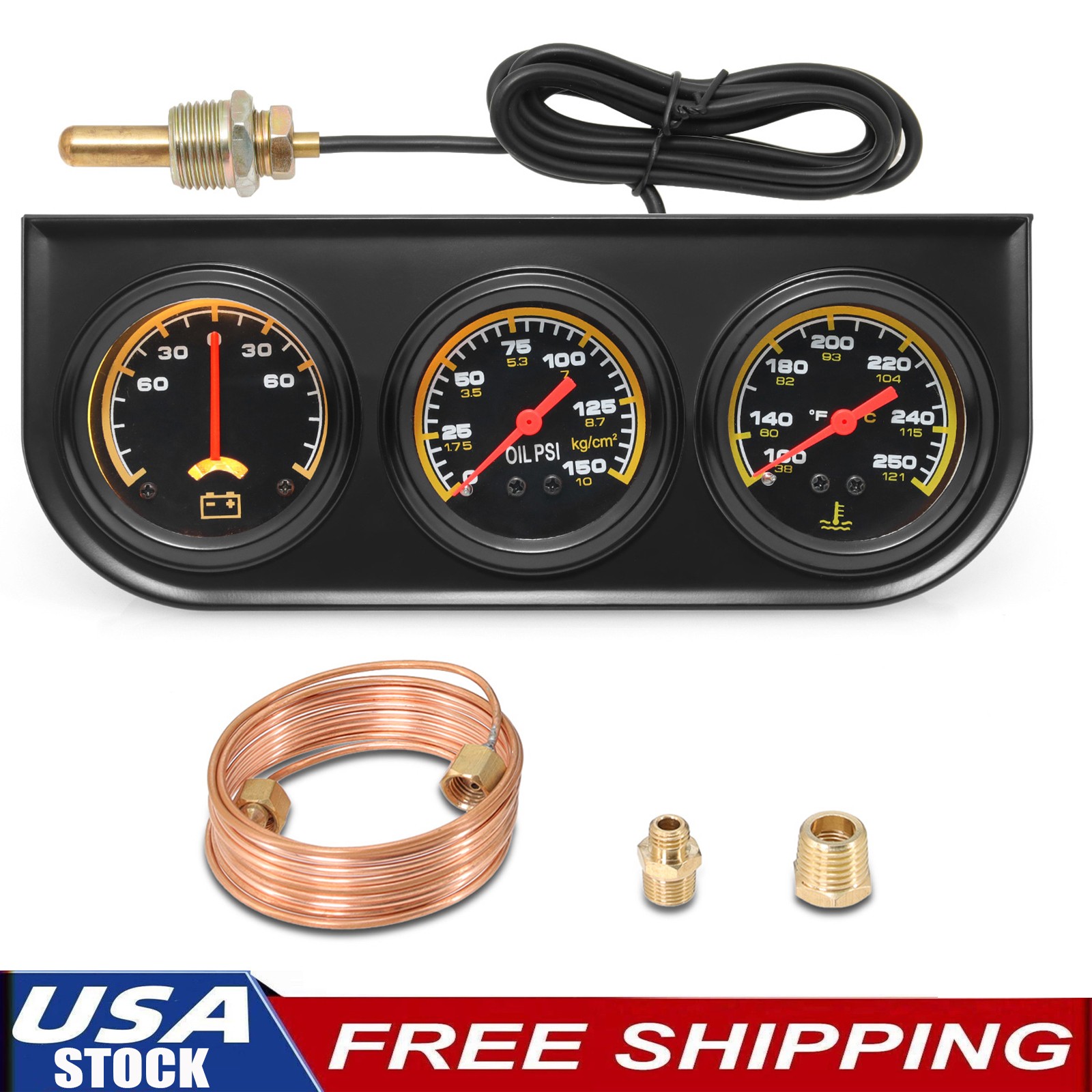 2" 52mm 3 in 1 Black Car Triple Gauge Set Kit Water Temp Oil Pressure Ammeter