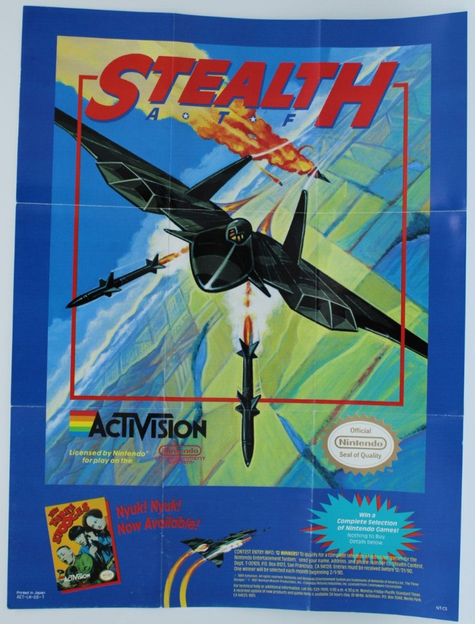Vintage 1989 Nintendo NES Stealth ATF Poster No Game Three Stooges (ACT-LH-US-1)