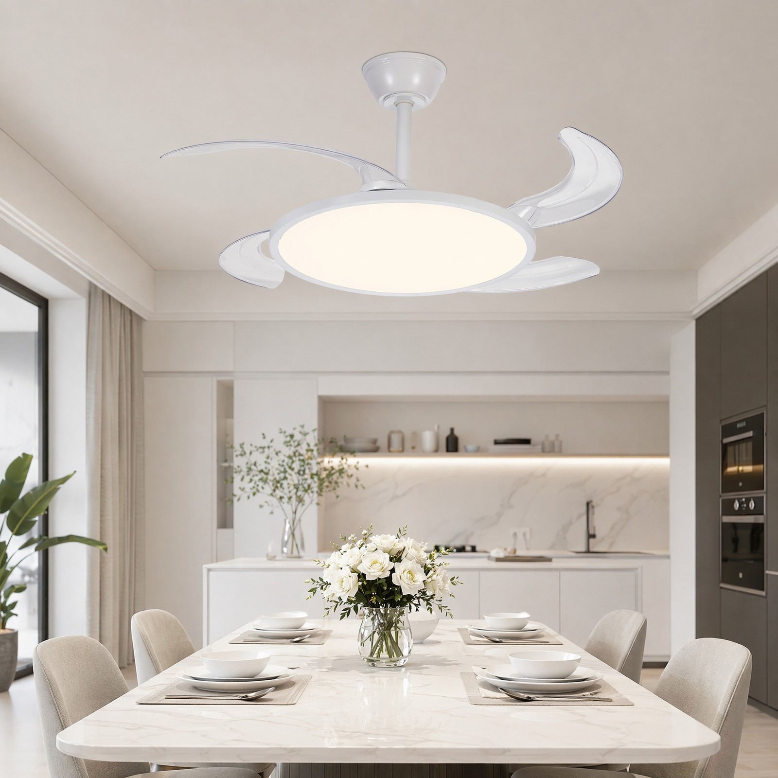 42 inch White Low Profile Retractable LED Ceiling Fan Remote Control with Light