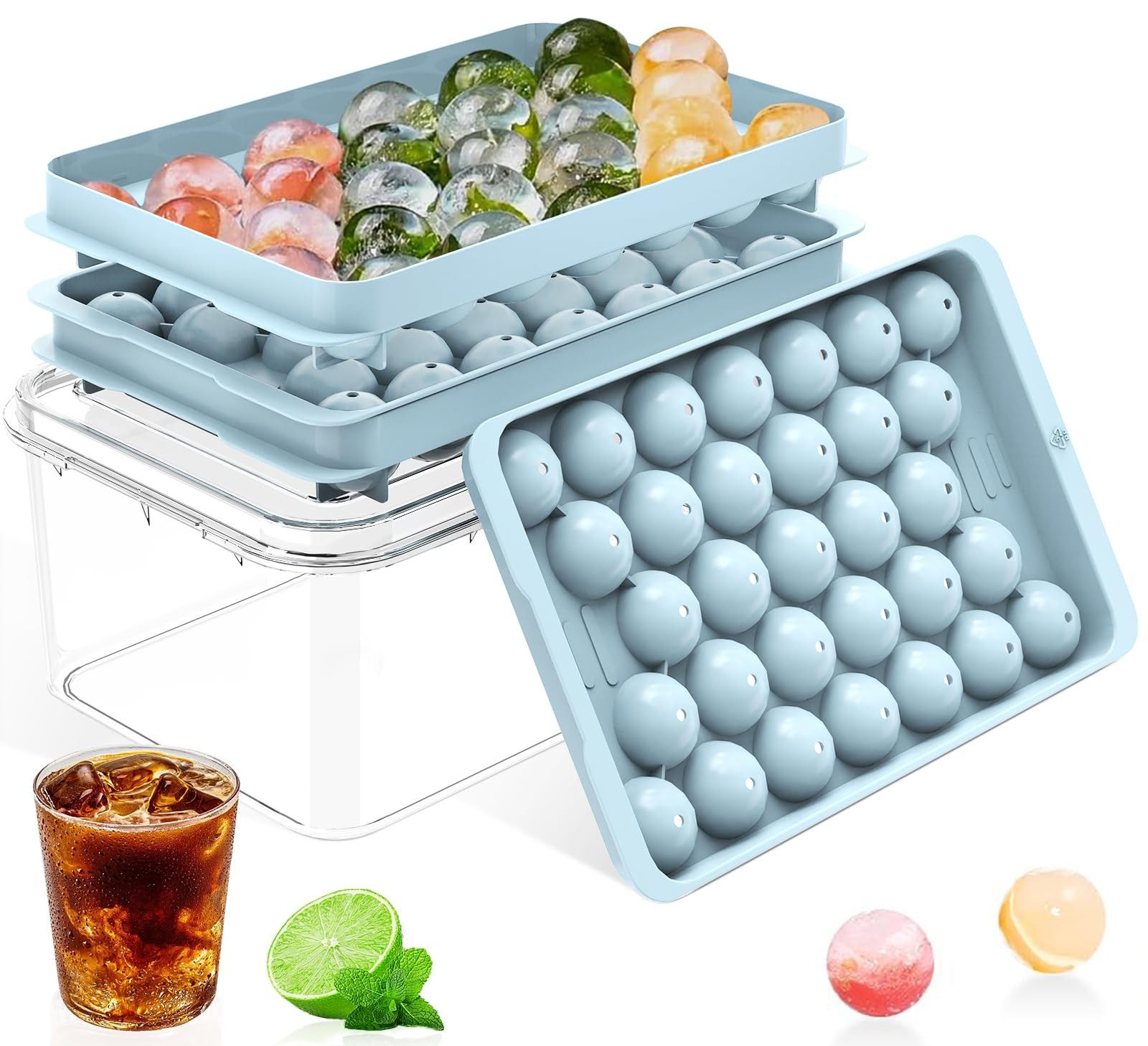 Ice Cube Tray with Lid and Bin – Round Ice Cube Trays for Freezer, BPA-Free F...