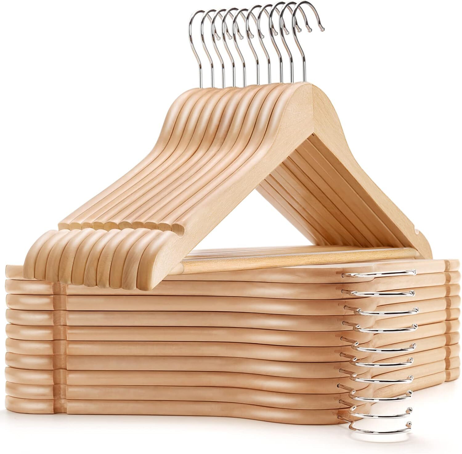 30 Pack Wooden Hanger, Natural Wooden Suit Hanger with Non-Slip Trouser Bar