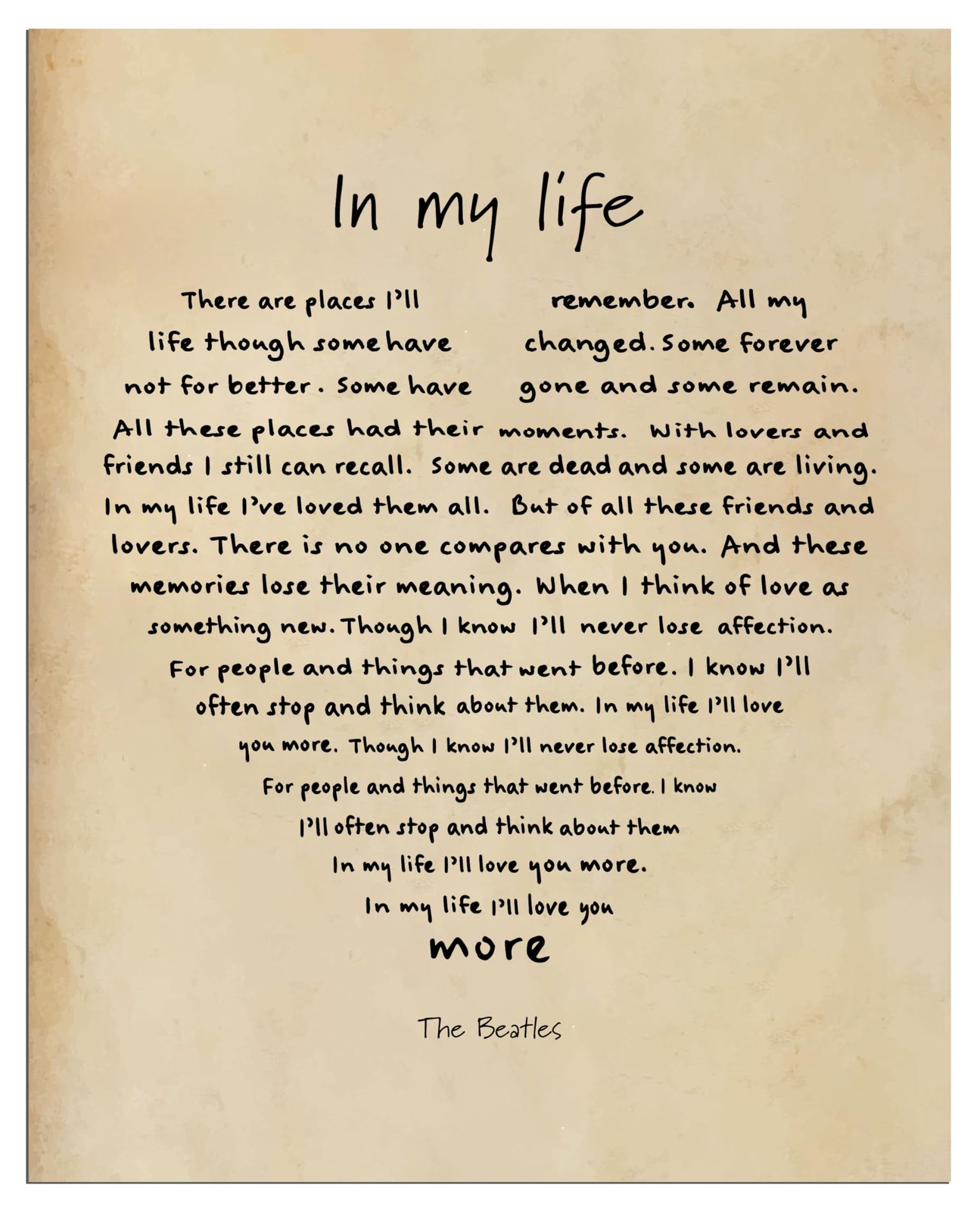 AMERICAN LUXURY GIFTS In My Life Song Lyrics Wall 10"L x 8"W, Beige, Black