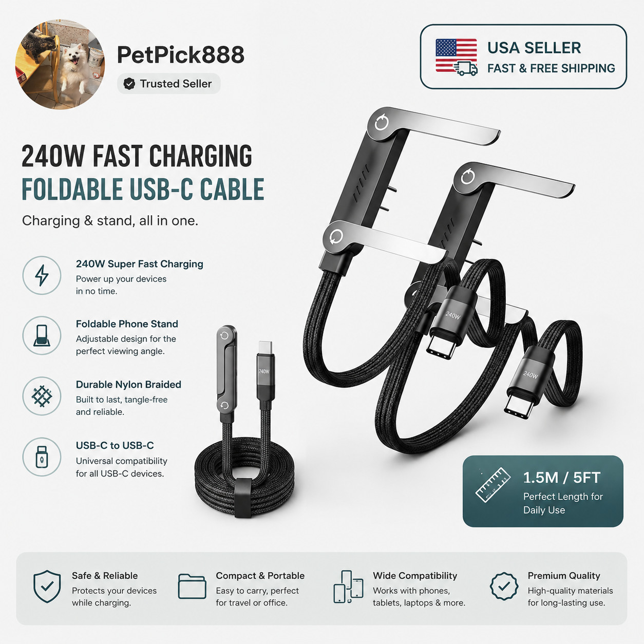 2-in-1 Invisible Holder Charger Cable–240W Fast Charging Cord with Phone Stand