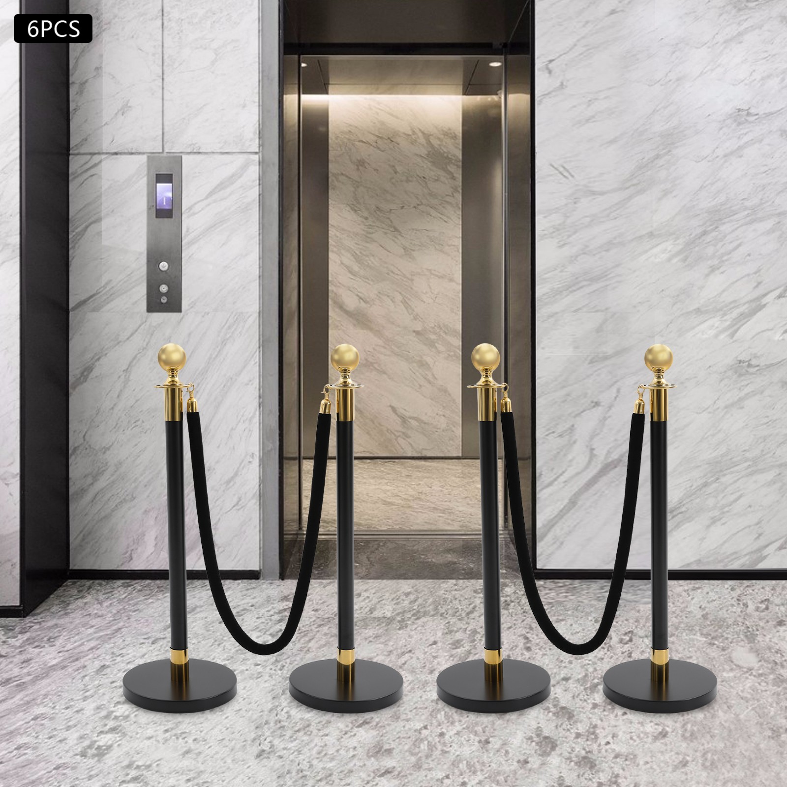 6 PCS Black Stainless Stanchion Posts w/ 4 Ropes Crowd Control Queue Barrier NEW