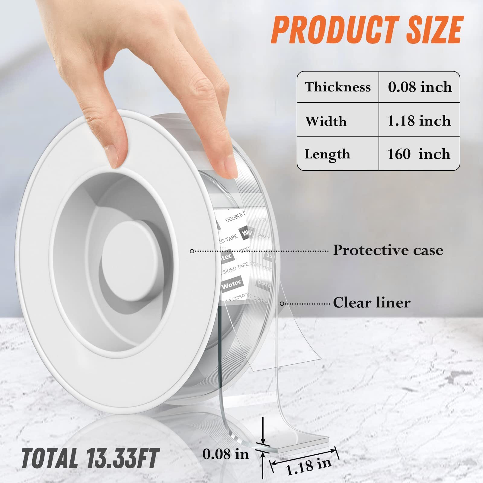 Double Sided Tape Heavy Duty Removable, 1.18"x13.3Ft Clear Tough Nano Tape,1-Rol