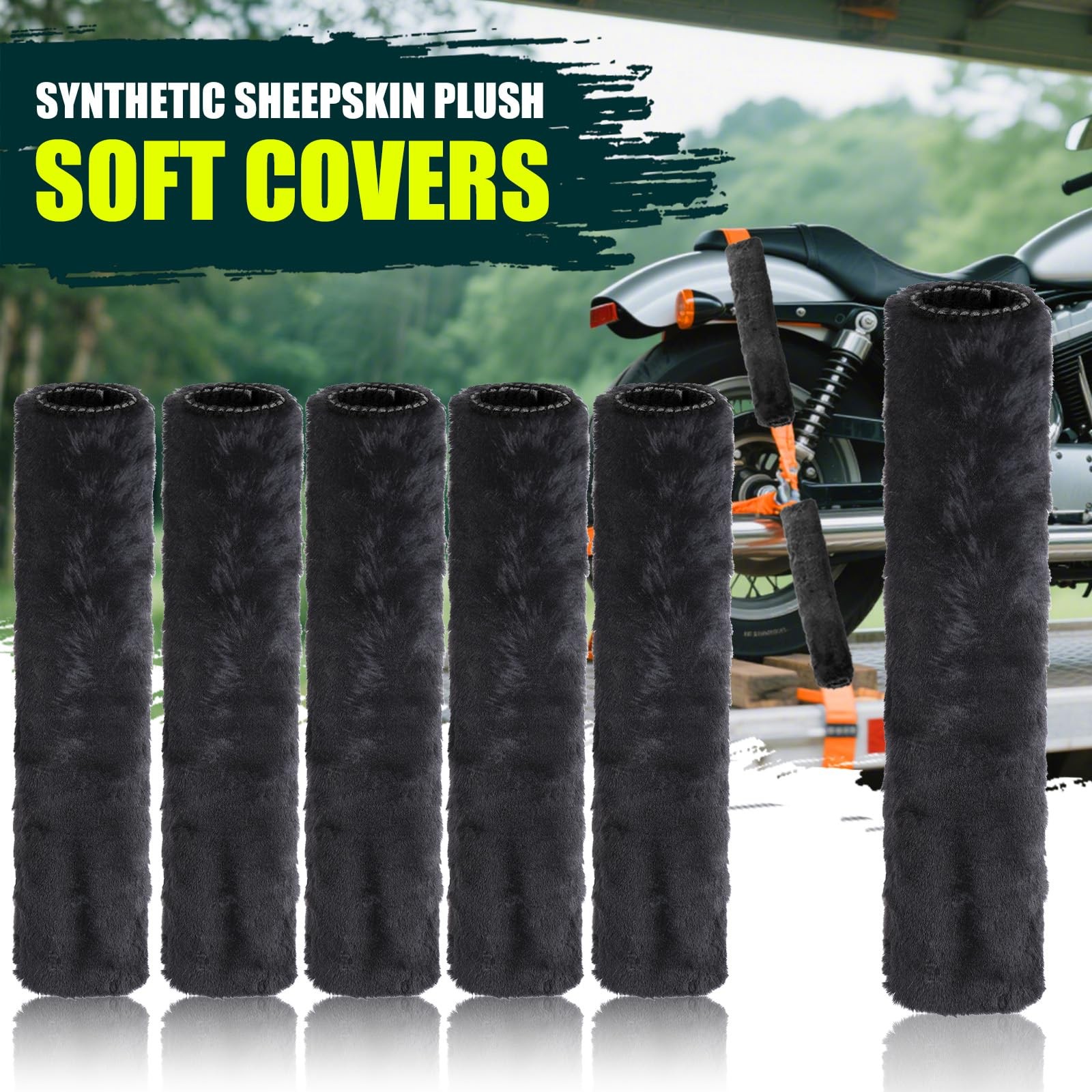 Motorcycle Tie Down Straps Soft Loop Covers, Artificial Wool Plush Black