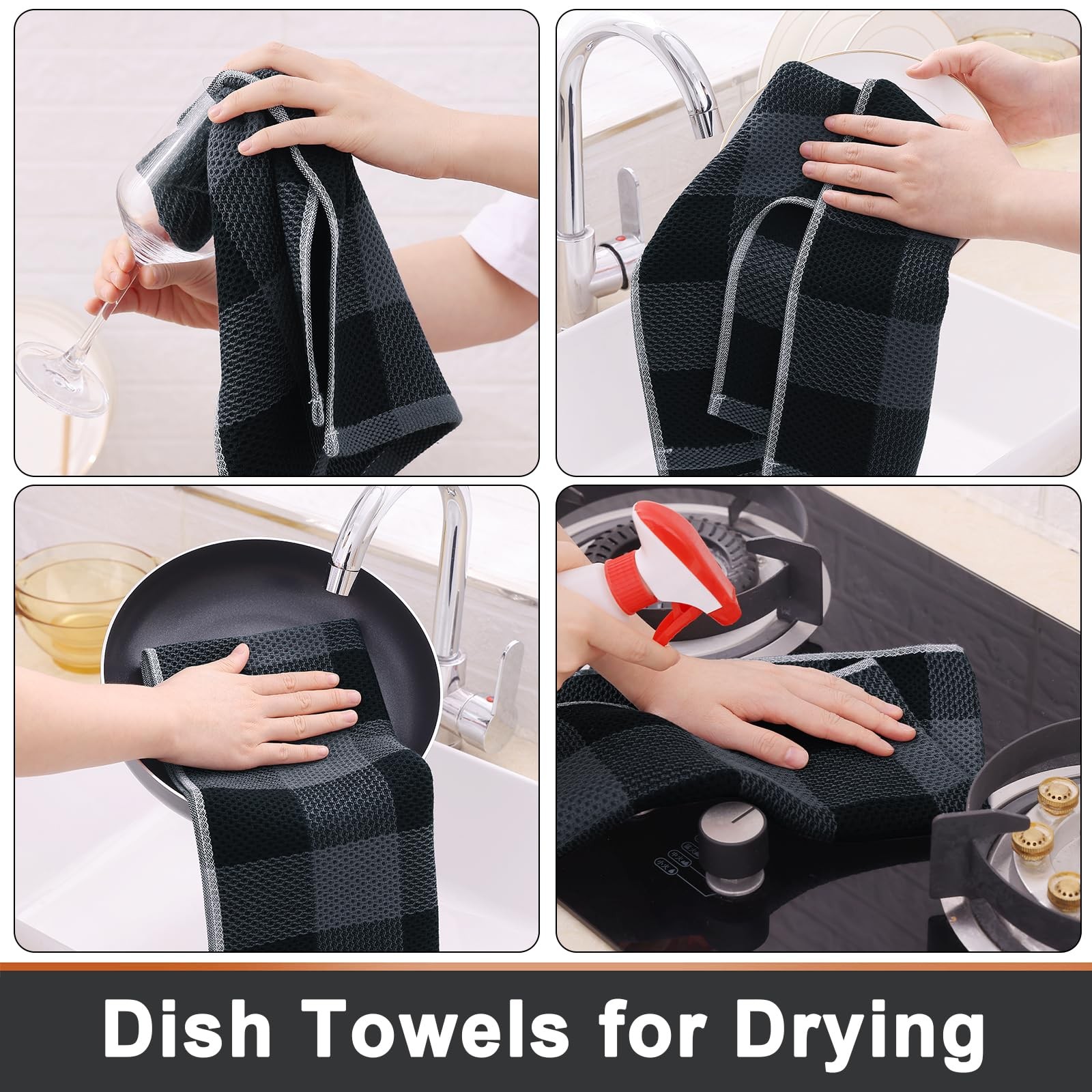 Super Soft 100% Cotton Waffle Kitchen Towels, 4-Pack, Black & Grey Check