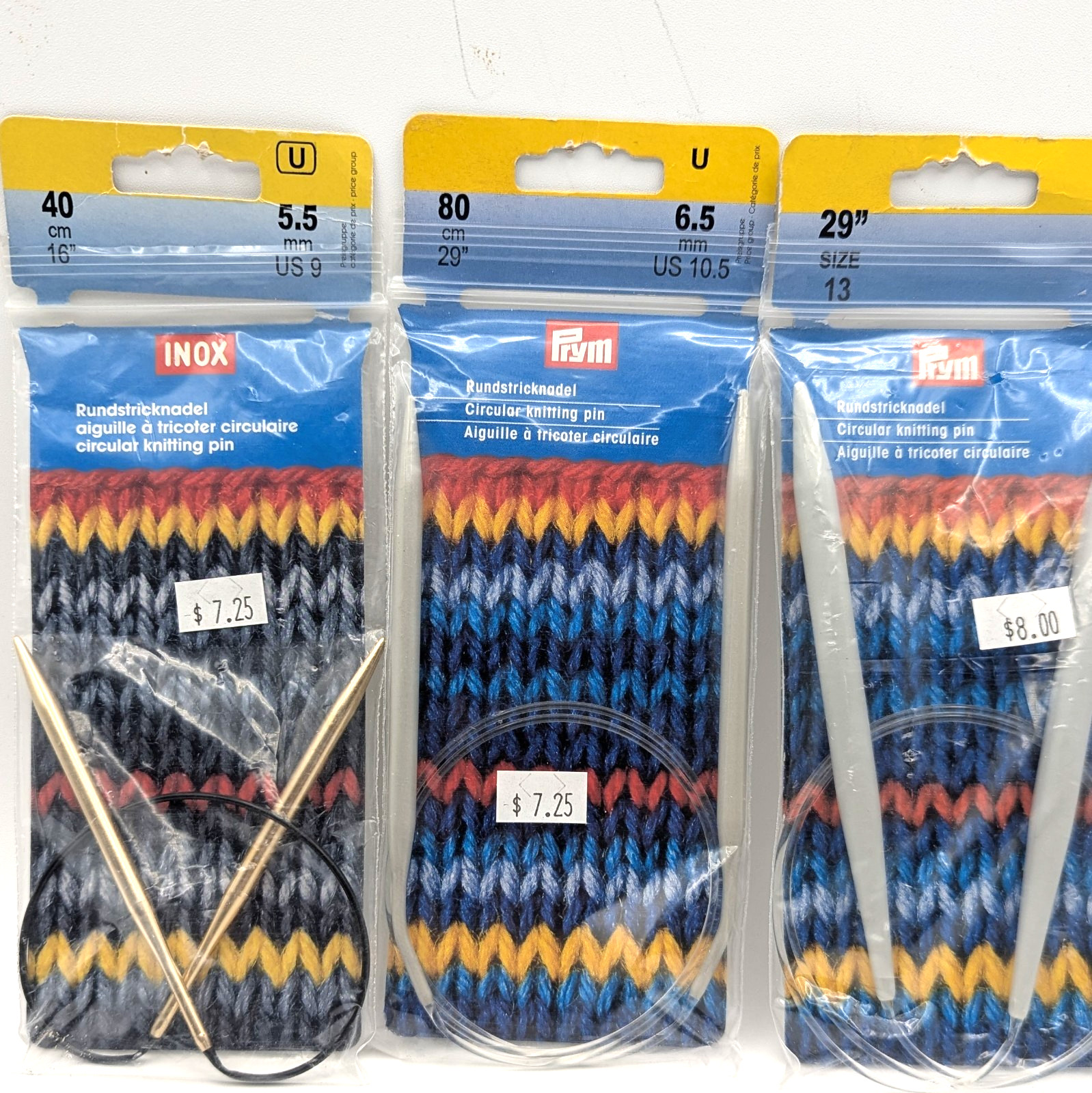 Circular Knitting Needles 16" US9 29" US10.5 29" US13 Prym Lot of 3 Metal Knit