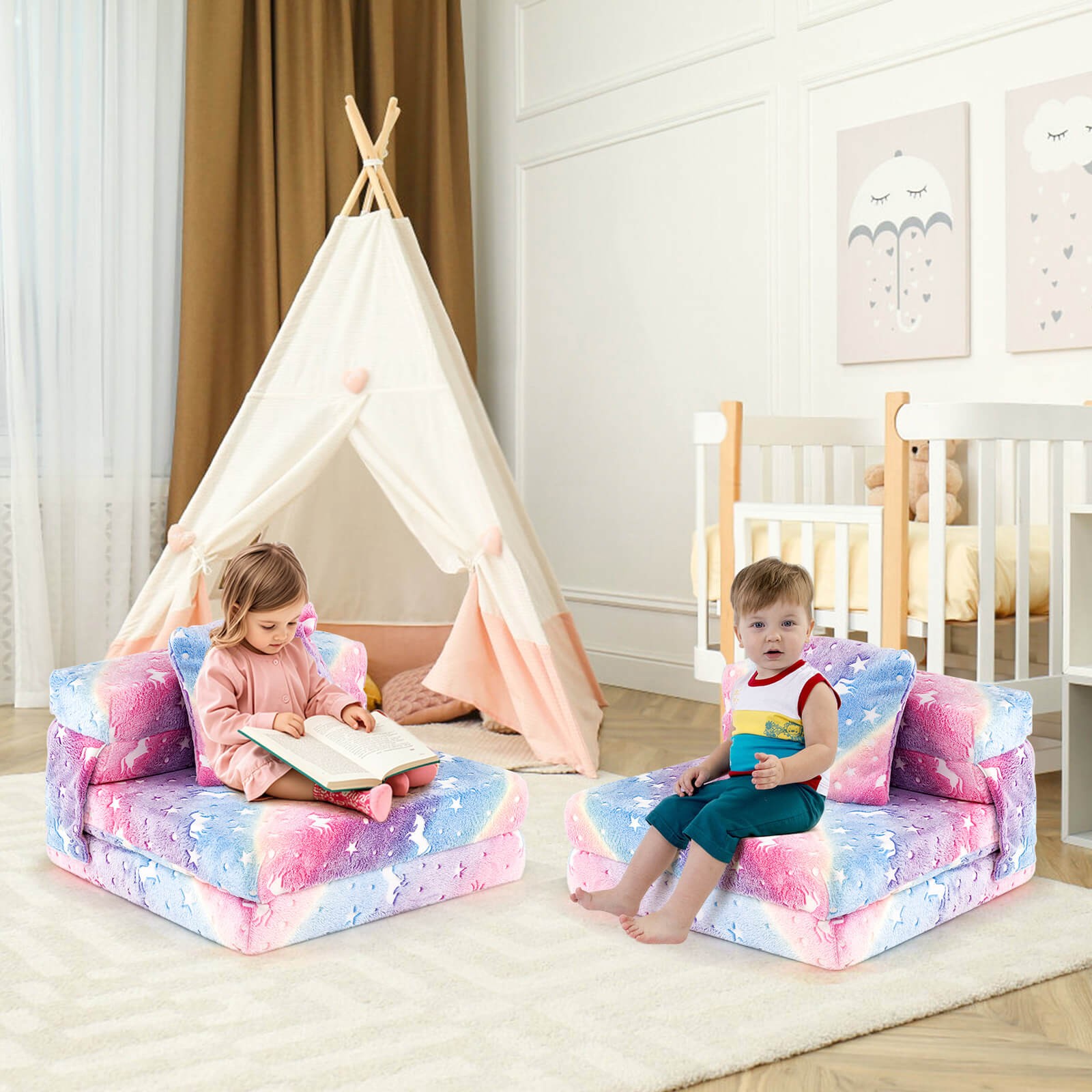 Kids Folding Sofa Bed Floor Mattress w/ Throw Pillow & Machine Washable Cover