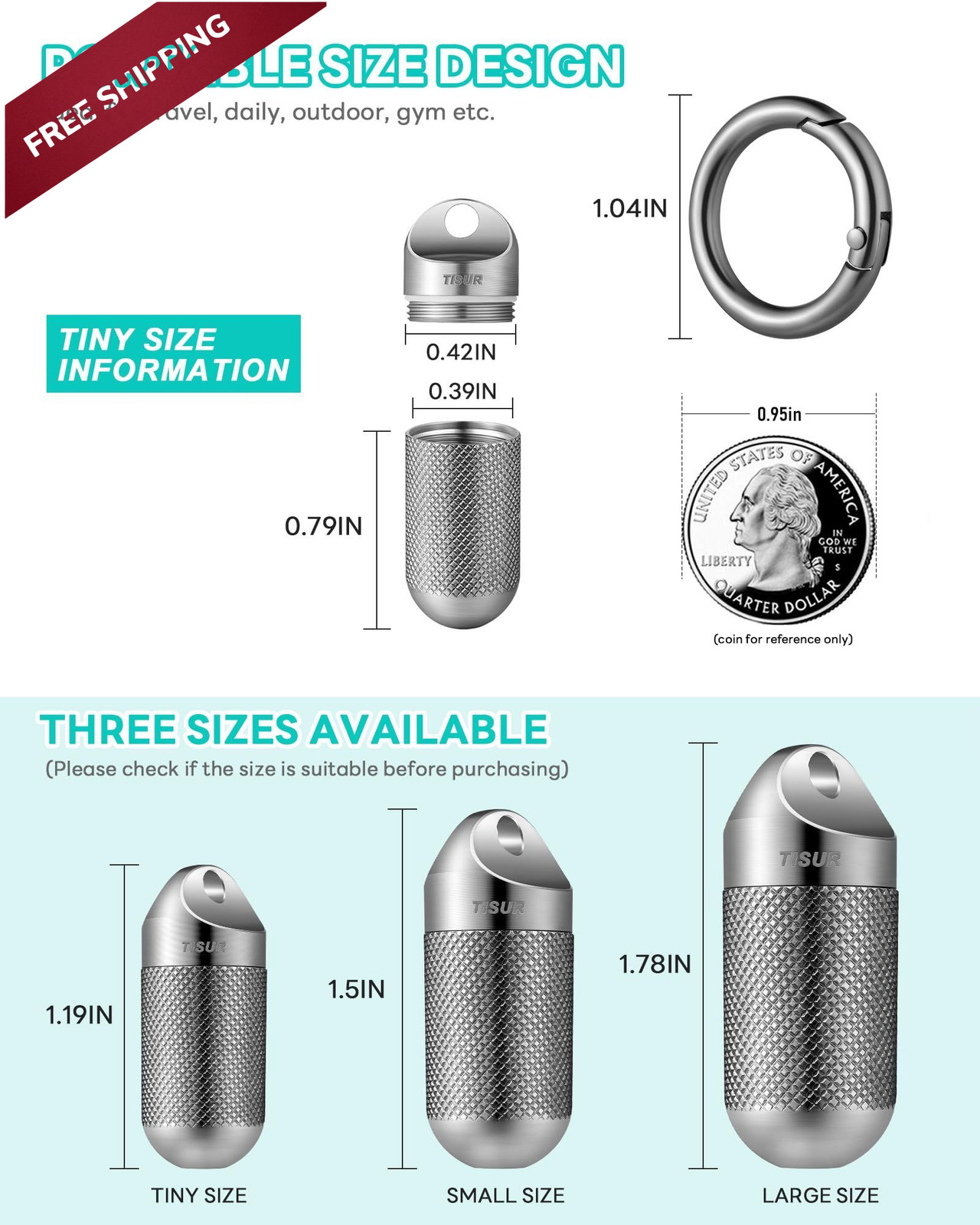 TISUR Titanium Keychain Pill Holder Tiny-0.39 Inch 1 Compartment, Silver