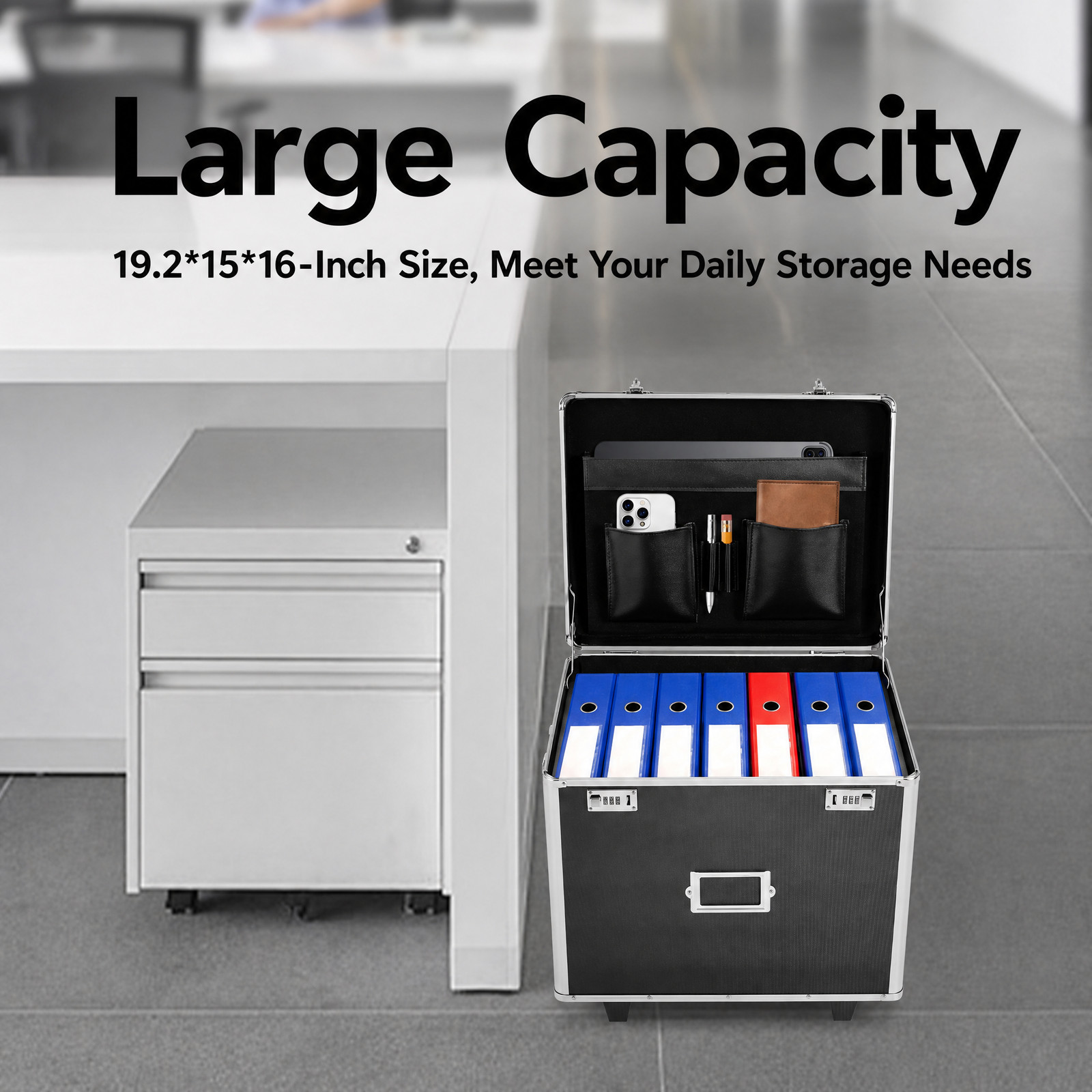Aluminum Alloy File Lock Box, Hand pull File Case Locking Mobile Business Box