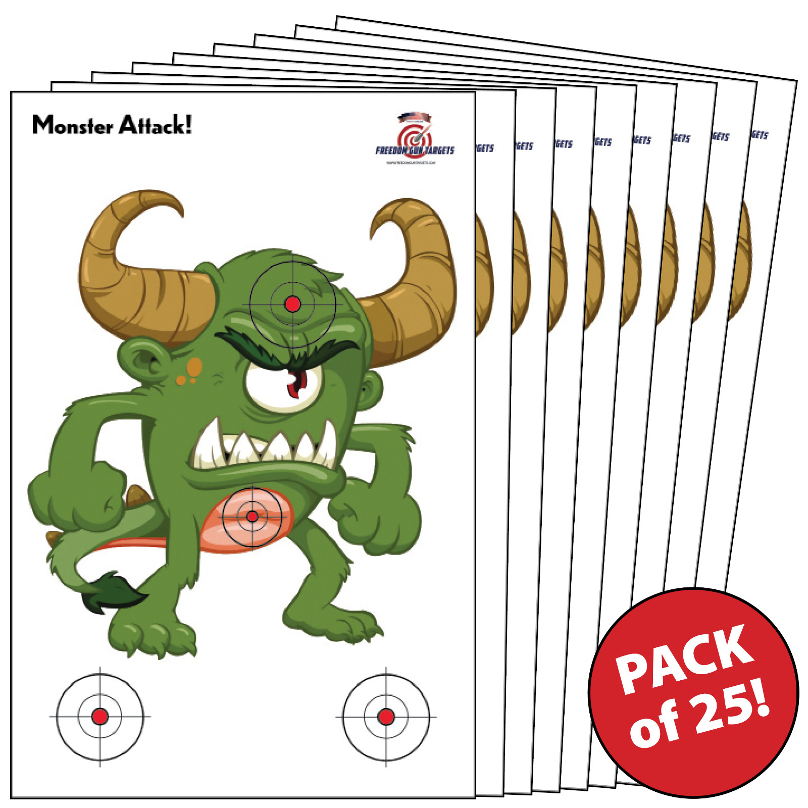 25 Paper Shooting Targets for Gun Range Pistols Rifles Monster Attack 23x35.