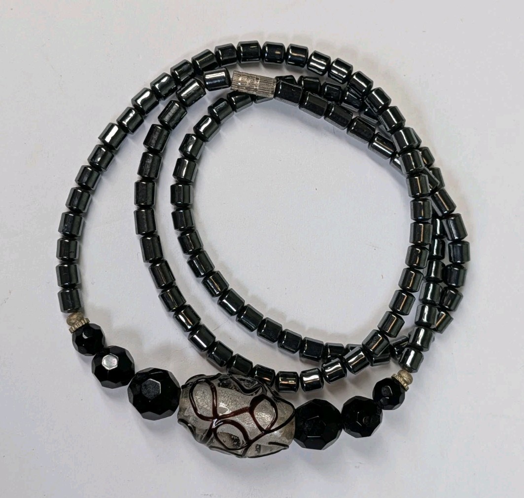 Women's Faceted Black Glass Hematite Beaded Lampwork Bead 19" Necklace
