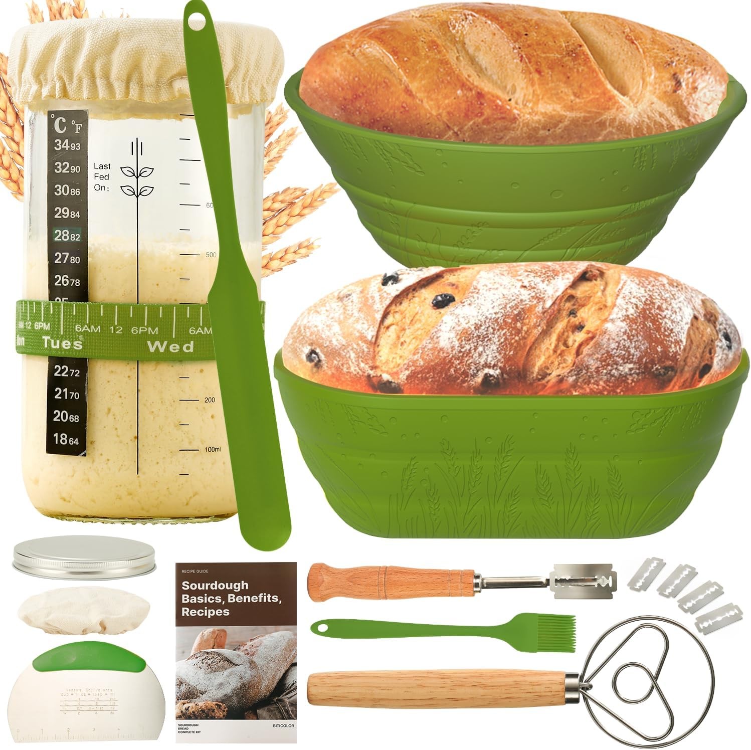 Sourdough Starter Kit 34oz with 2 Bread Proofing Baskets - Green