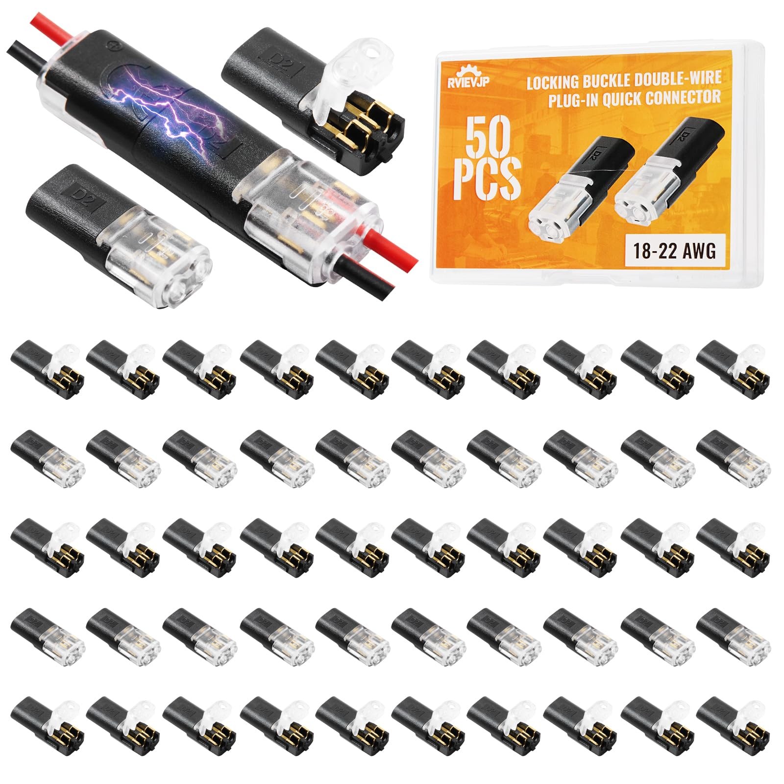 50Pcs D2 Quick Connect Wire Connectors â€“ Optional Stripping Double Wire Plu...