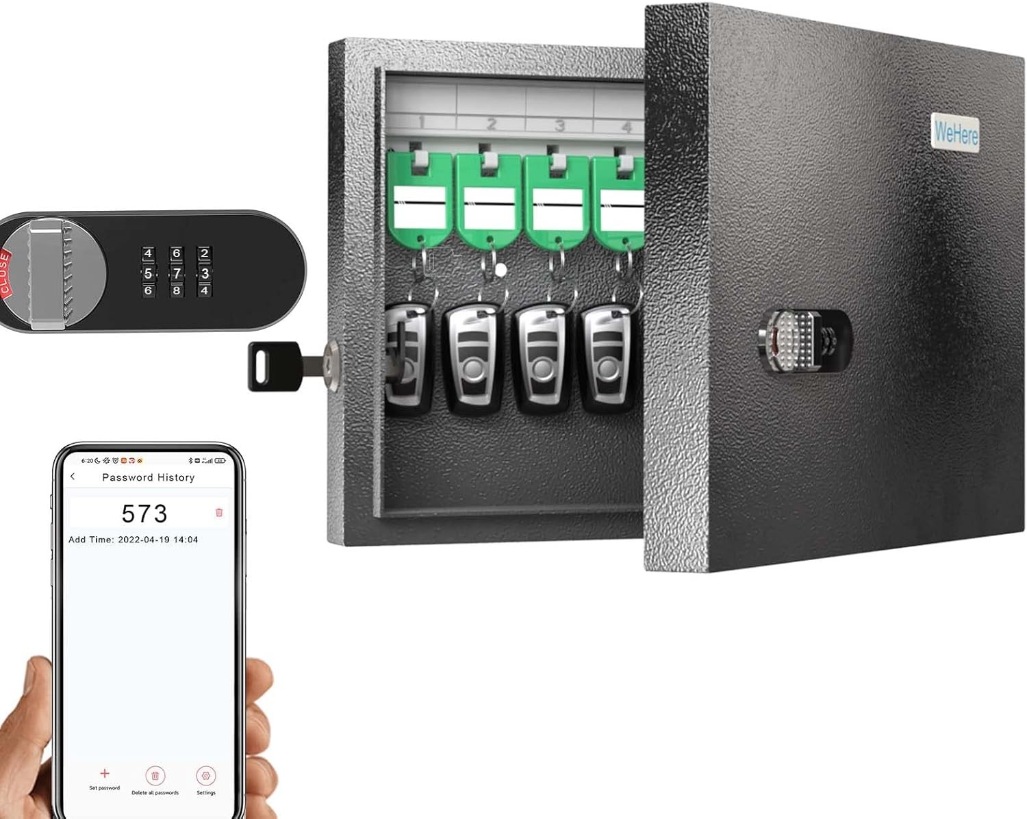 Key Lock Box, Wall Mount Cabinet with 16 Key Tags & Combination Lock